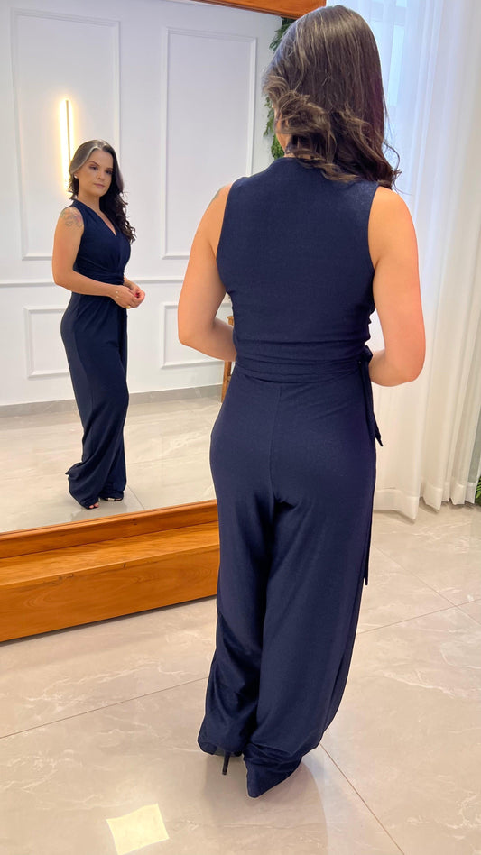 Macacão Pantalona Lurex Jersey - Liso Azul Marinho 4936