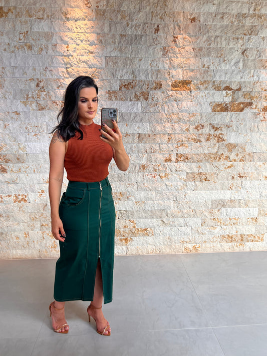 Saia Midi Pespontada Ziper Frontal- Liso Verde 5116
