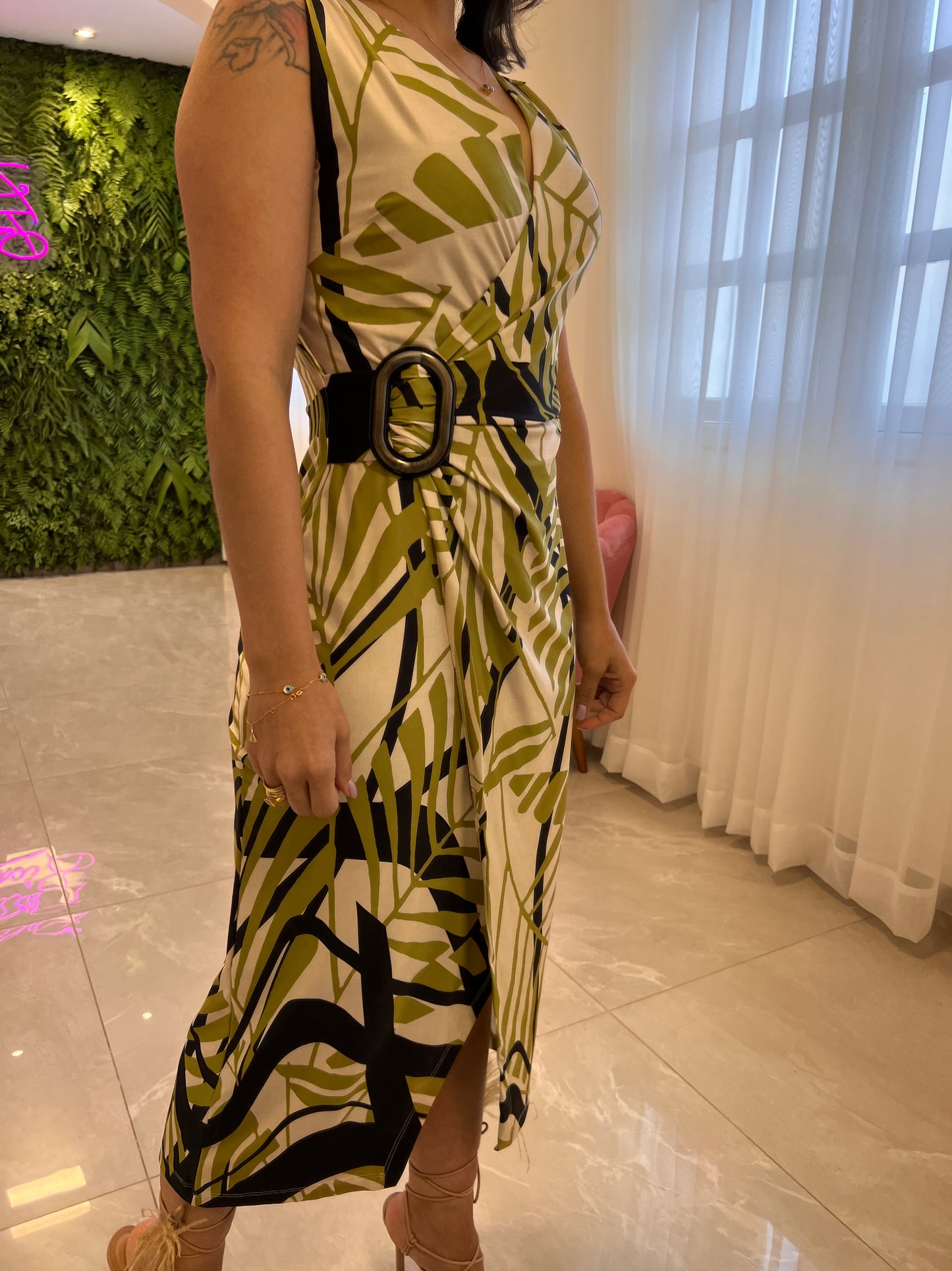 Longuete Buckle Jersey Waist Dress - Leaf Green Print
