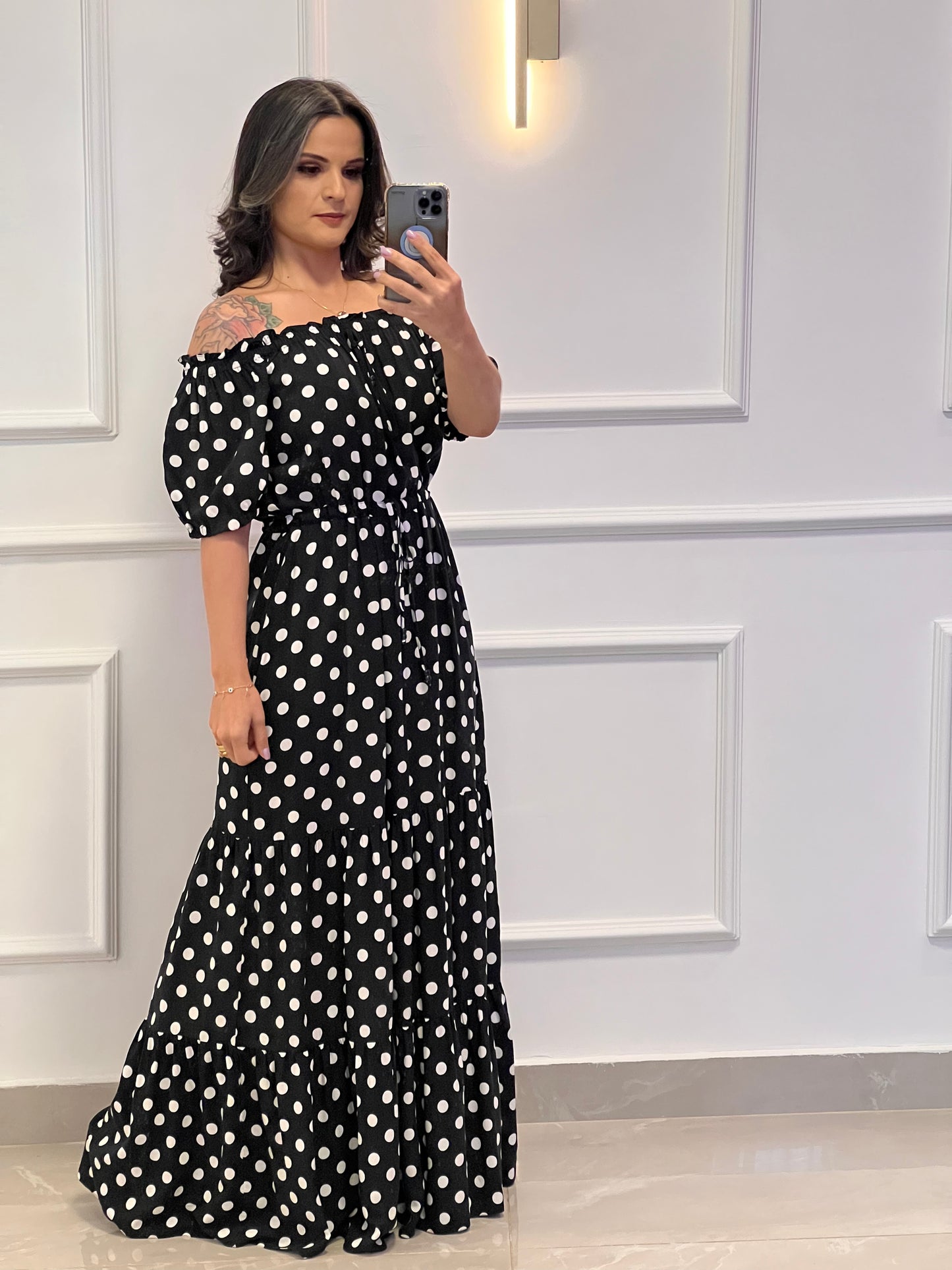 Vestido Longo Ombro a Ombro - Poá