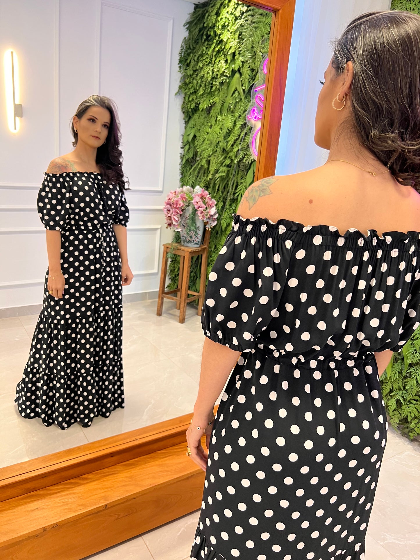 Vestido Longo Ombro a Ombro - Poá
