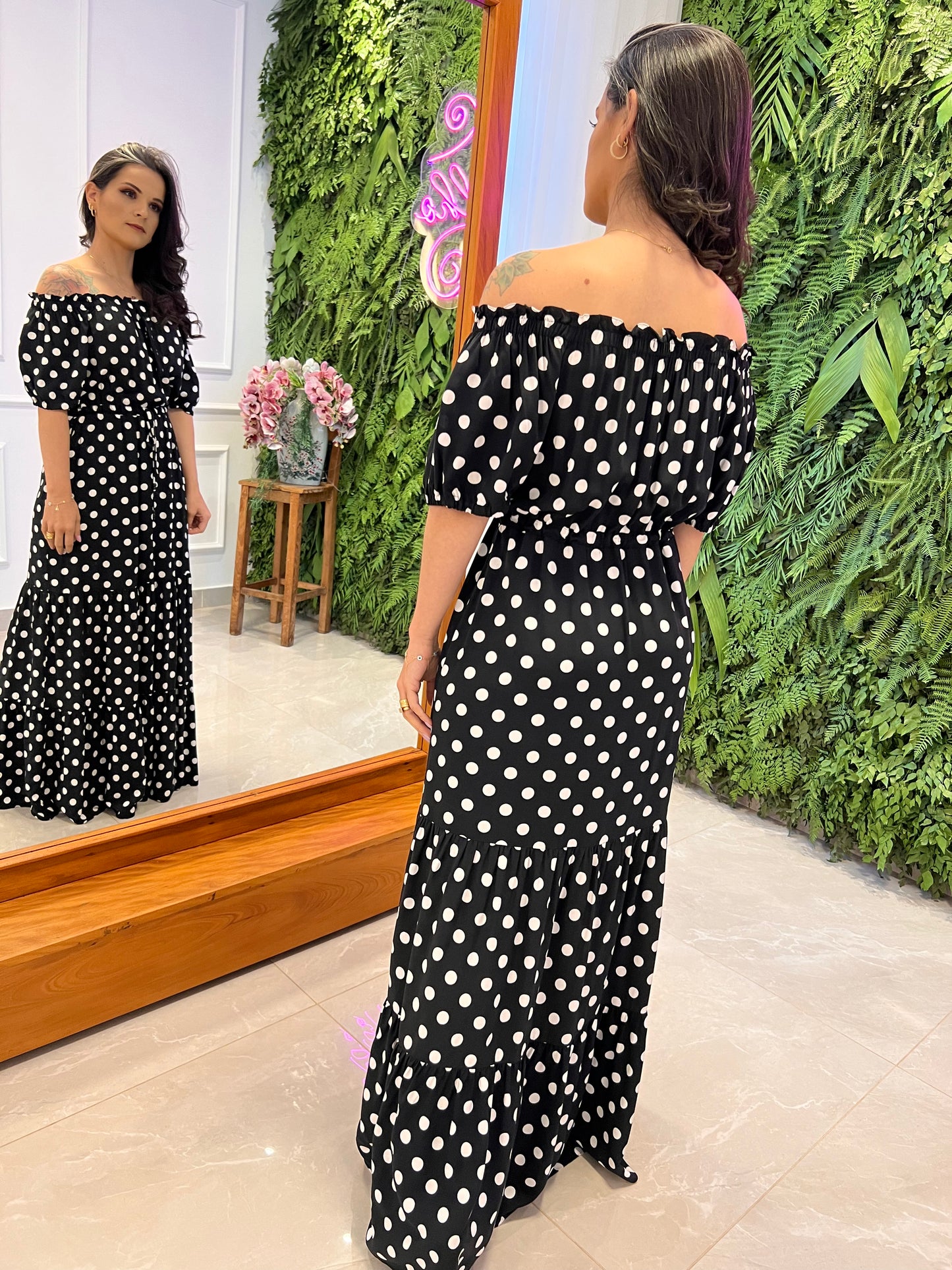 Vestido Longo Ombro a Ombro - Poá