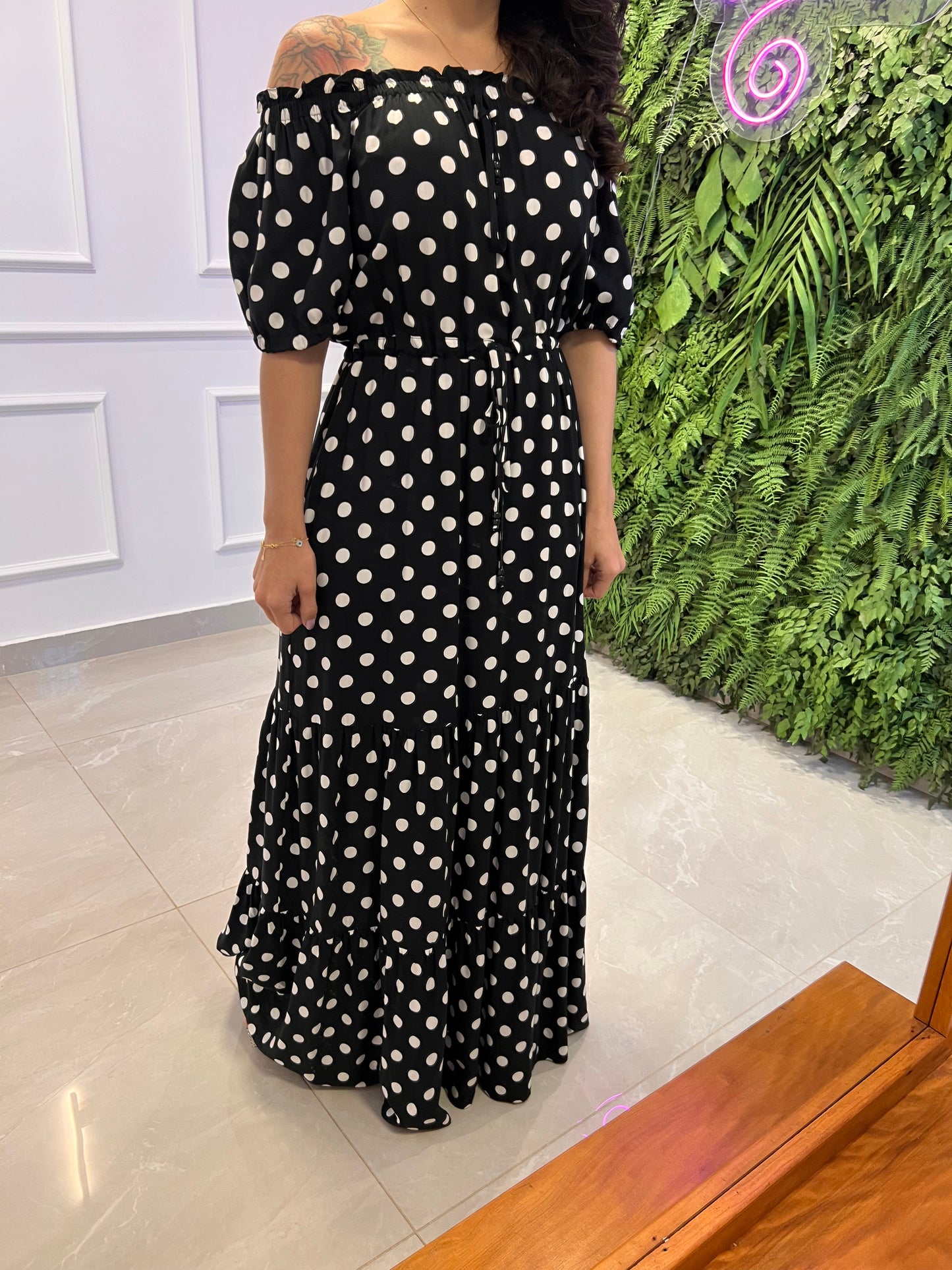 Vestido Longo Ombro a Ombro - Poá