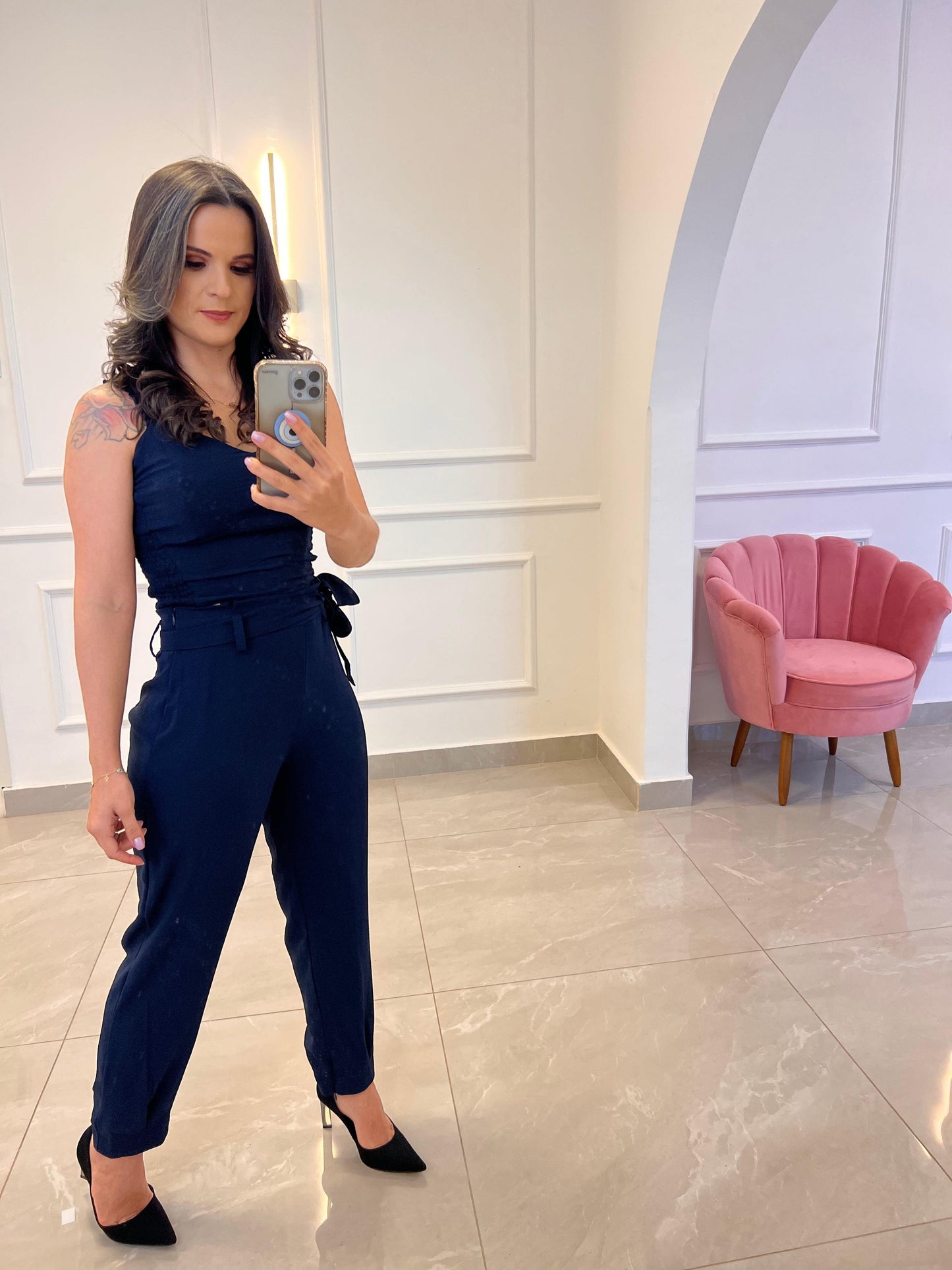 Lastex Lateral Cropped Pants Set - Navy Blue