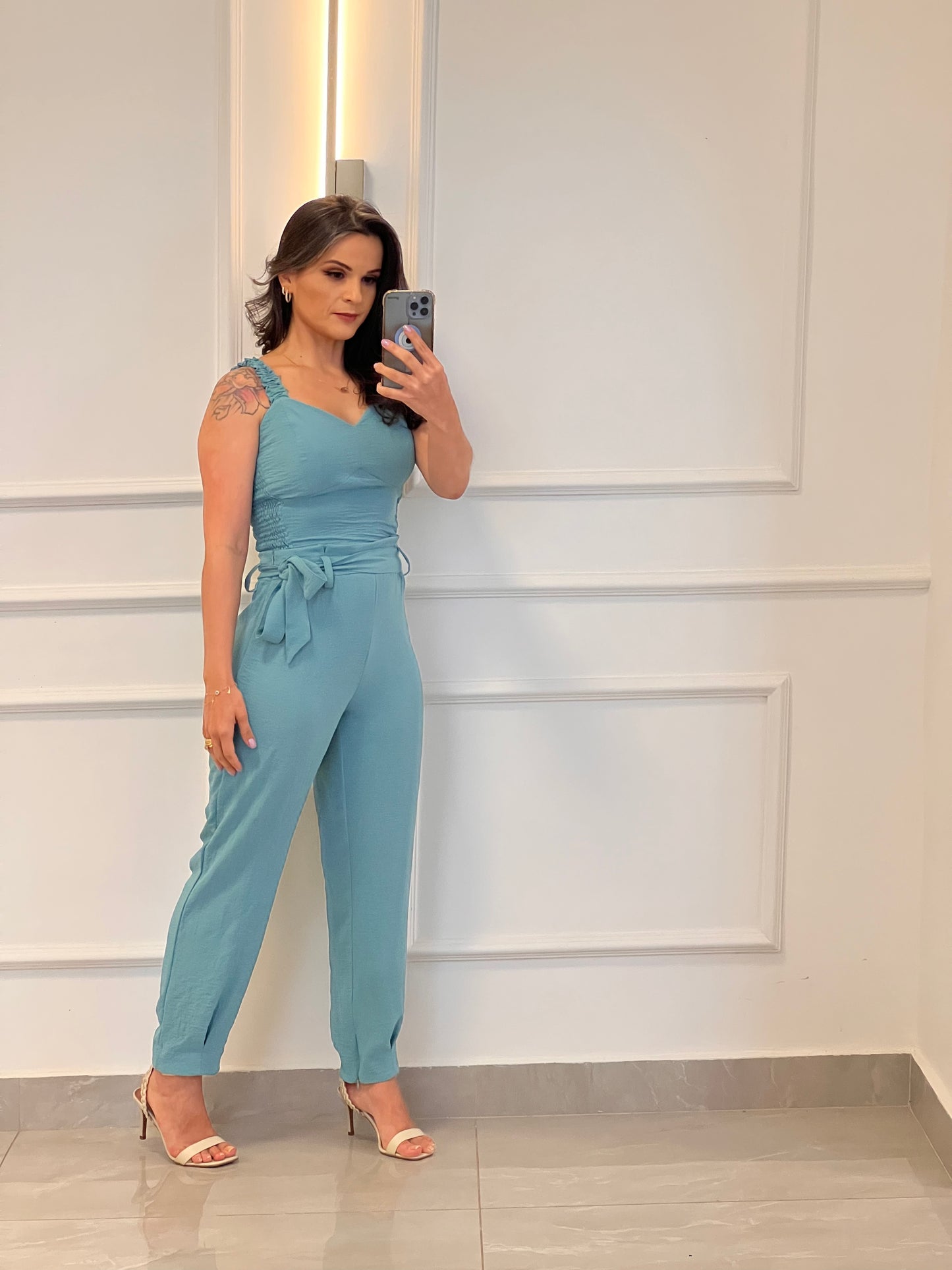 Conjunto Calça Cropped Lastex Lateral - Azul