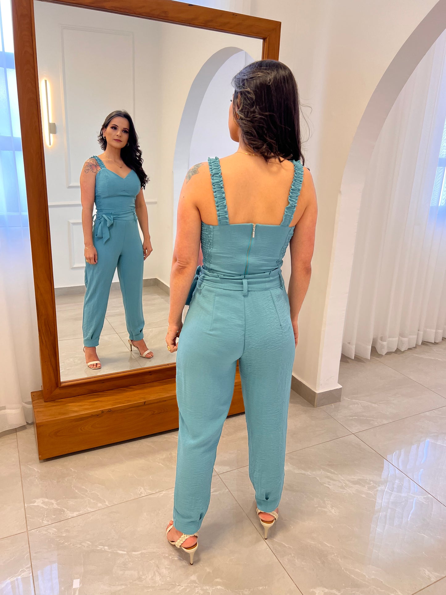 Conjunto Calça Cropped Lastex Lateral - Azul