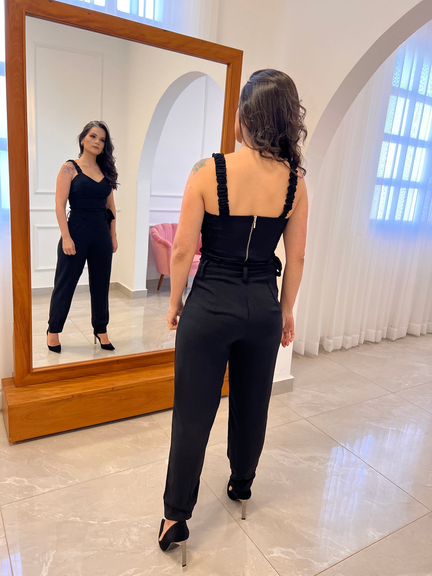 Conjunto Calça Cropped Lastex Lateral - Preto