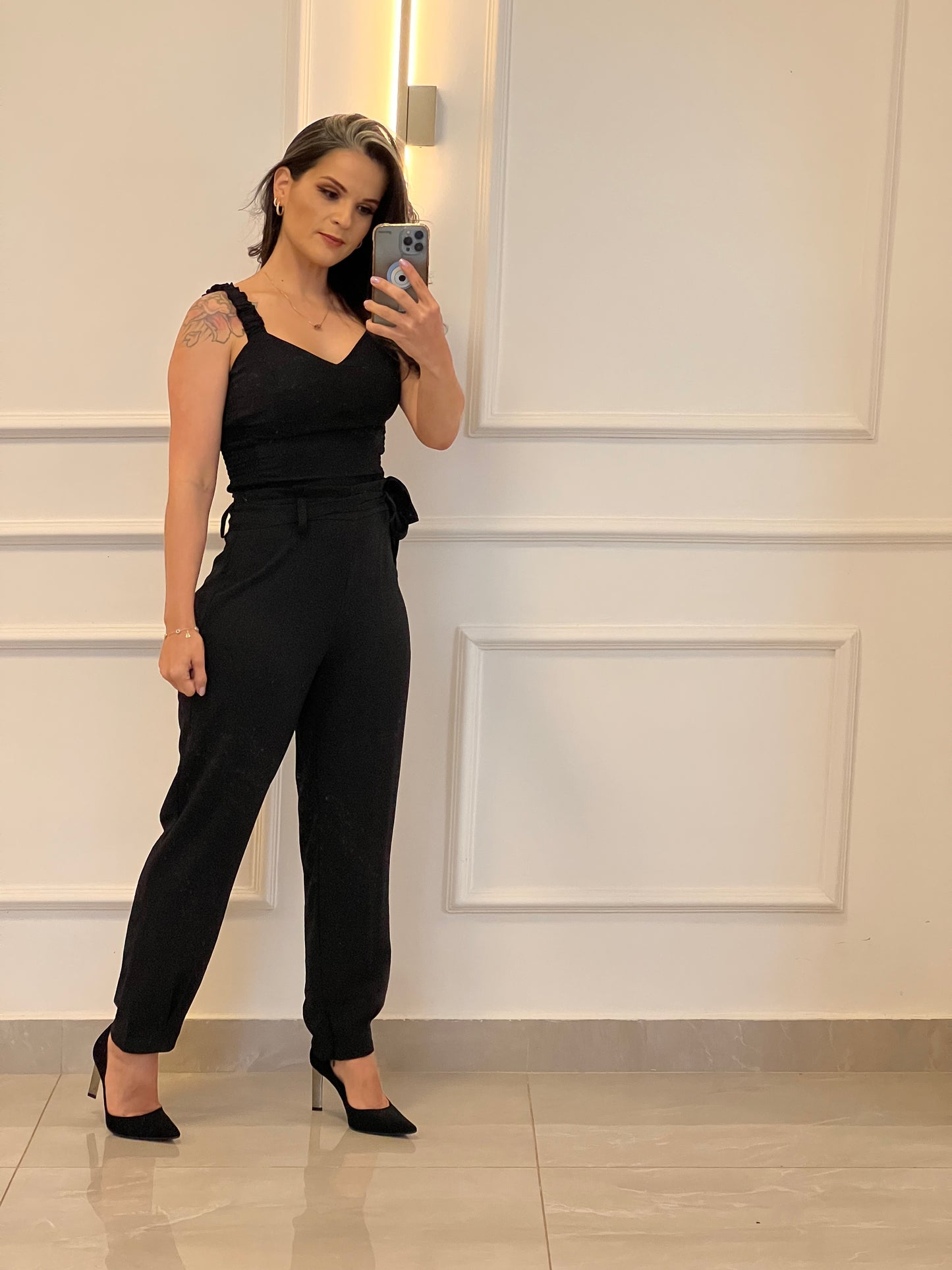 Conjunto Calça Cropped Lastex Lateral - Preto