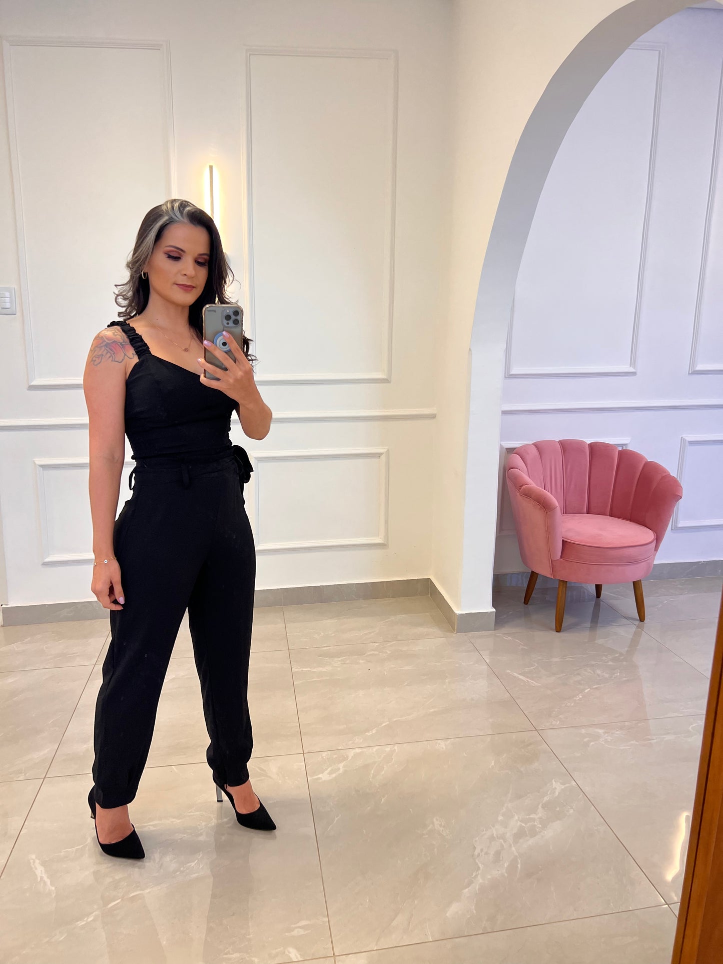 Conjunto Calça Cropped Lastex Lateral - Preto