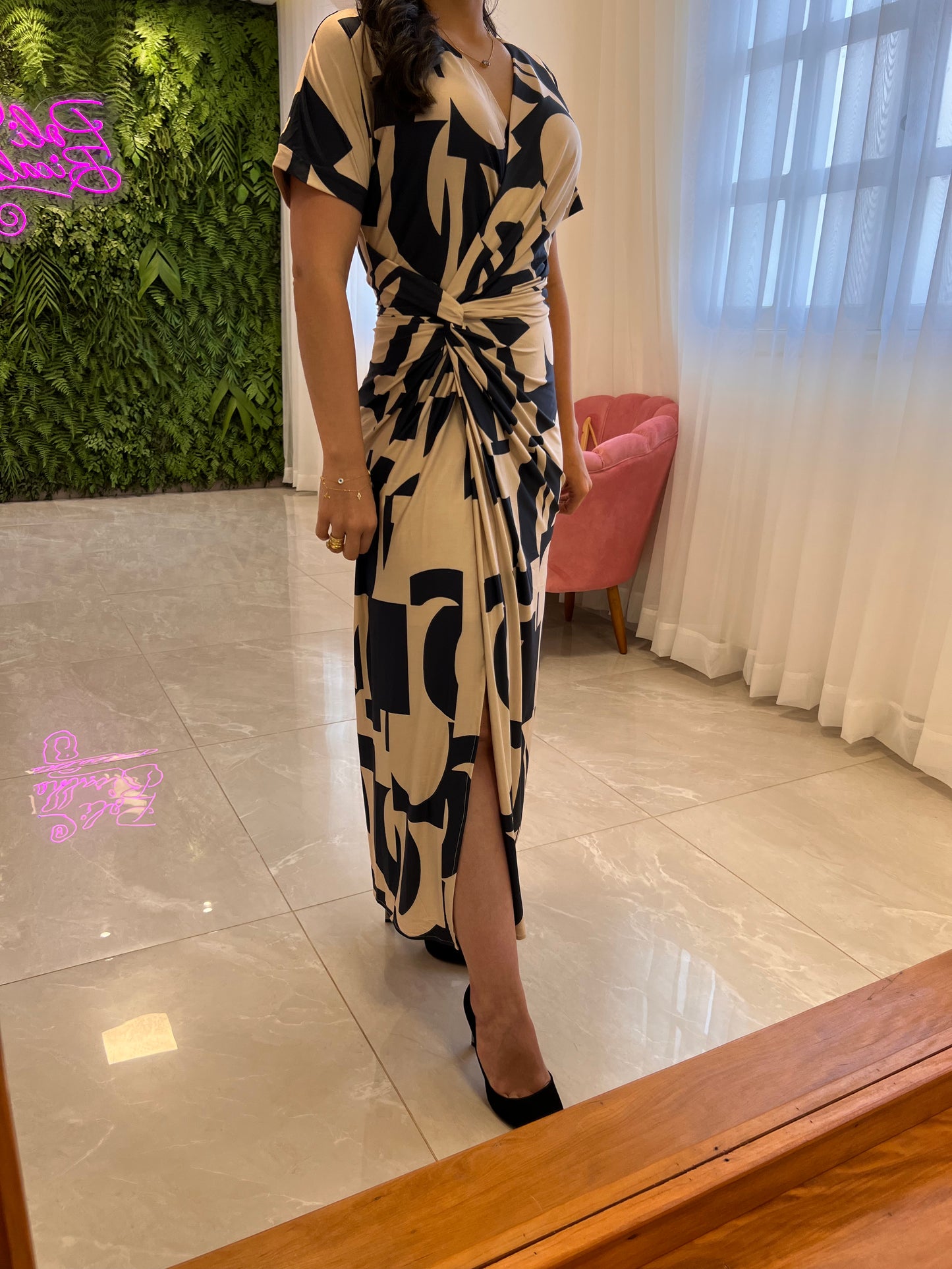 Longuete Dress Short Sleeve Jersey Knot - Navy Blue Print