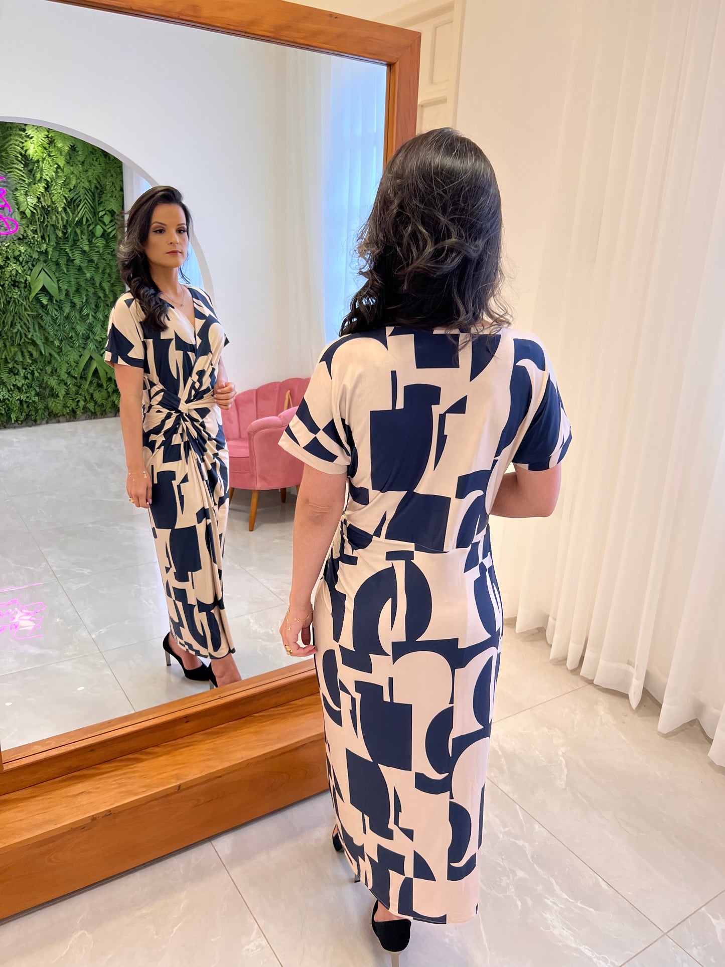 Longuete Dress Short Sleeve Jersey Knot - Navy Blue Print