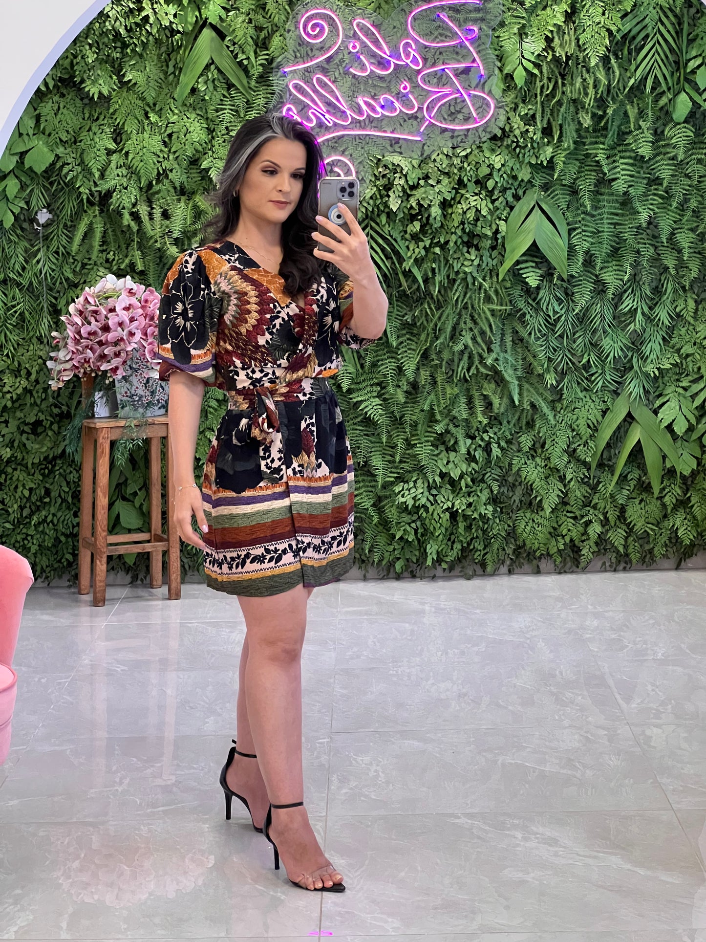 Vestido Curto Transpassado Pena - Estampado