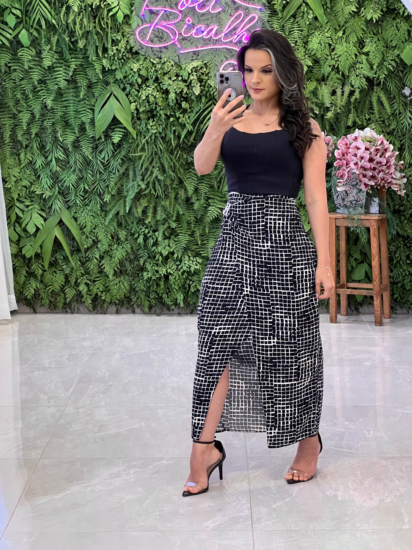 Printed Buckle Midi Skirt