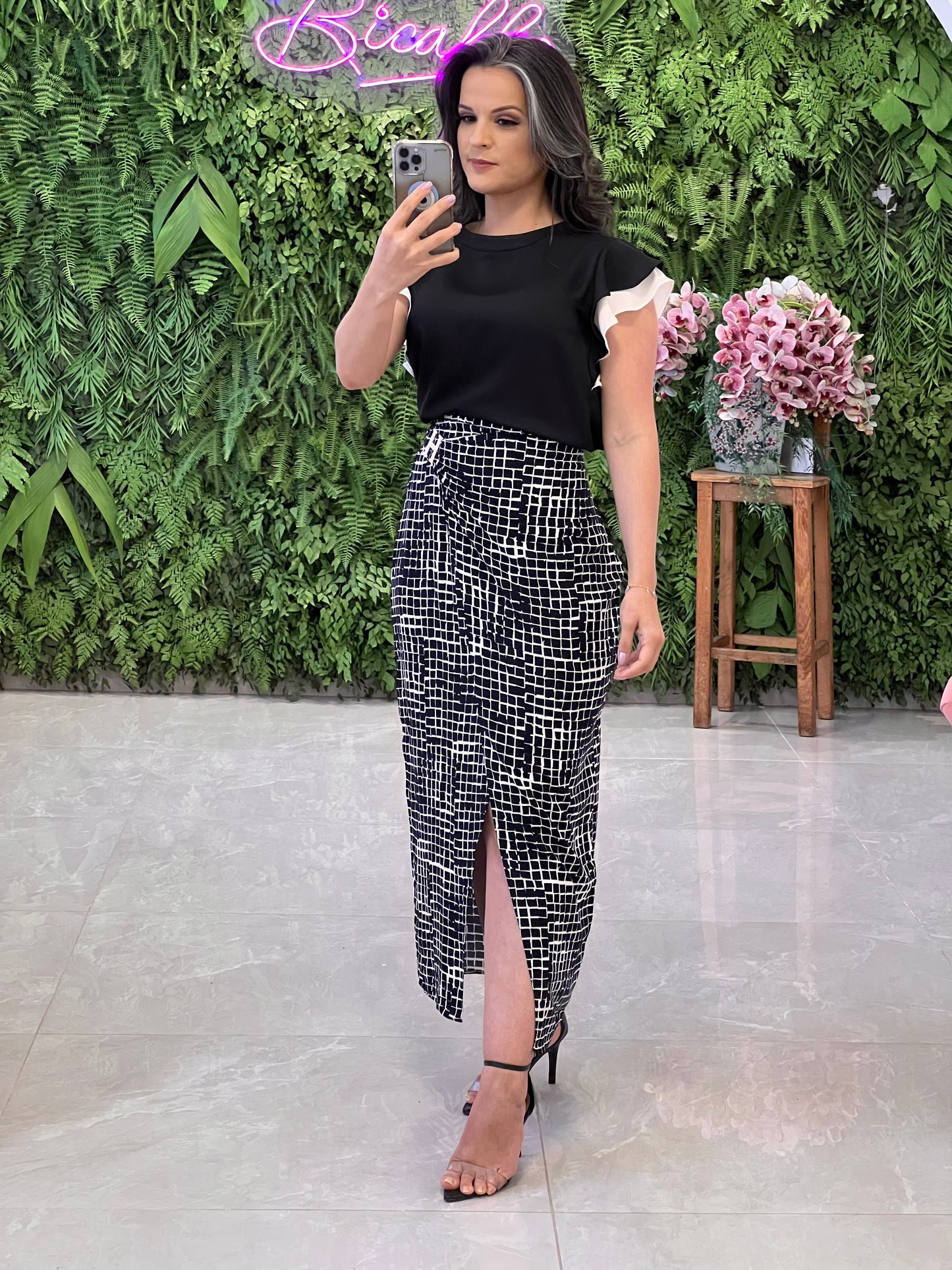 Printed Buckle Midi Skirt