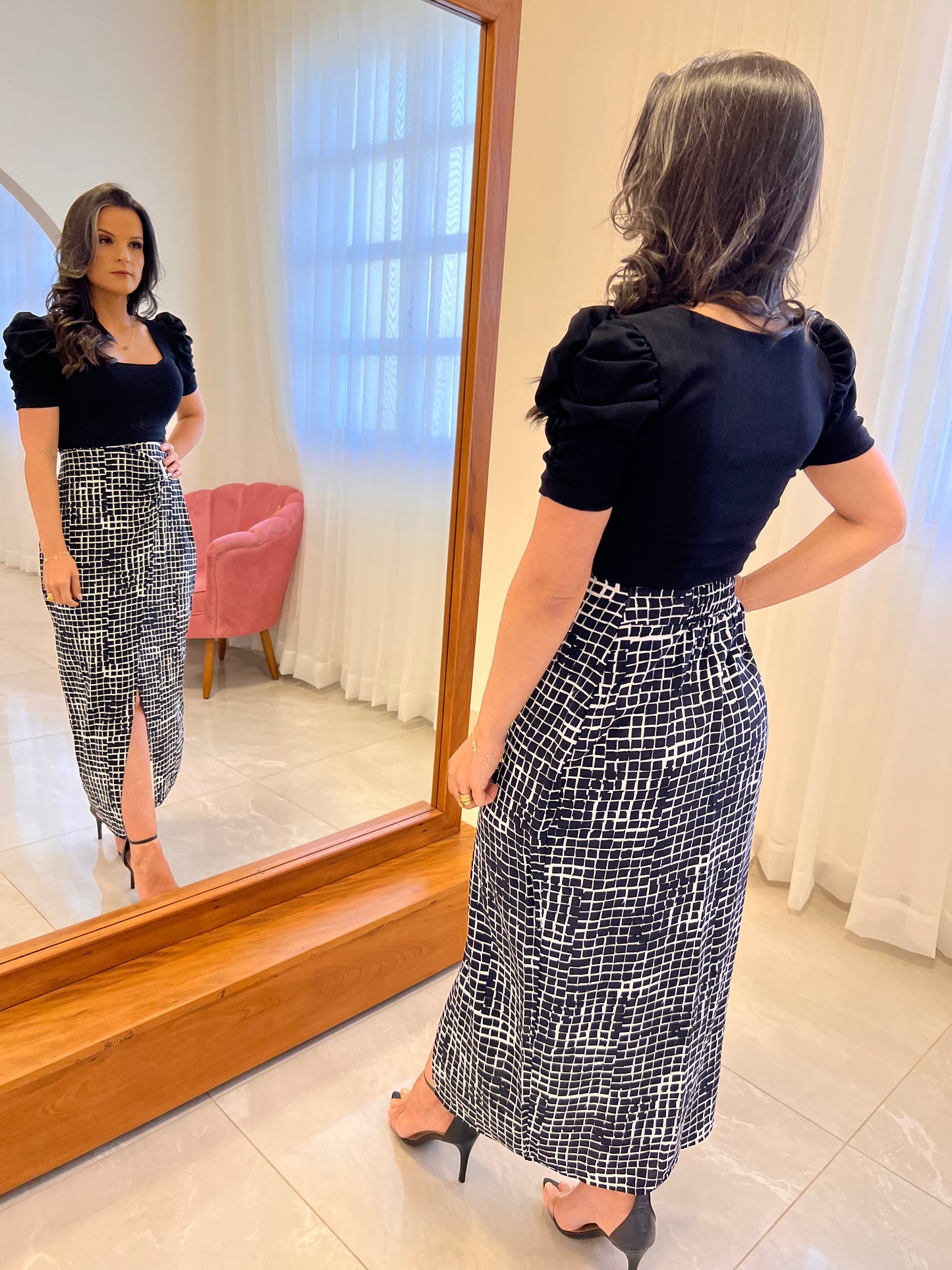 Printed Buckle Midi Skirt