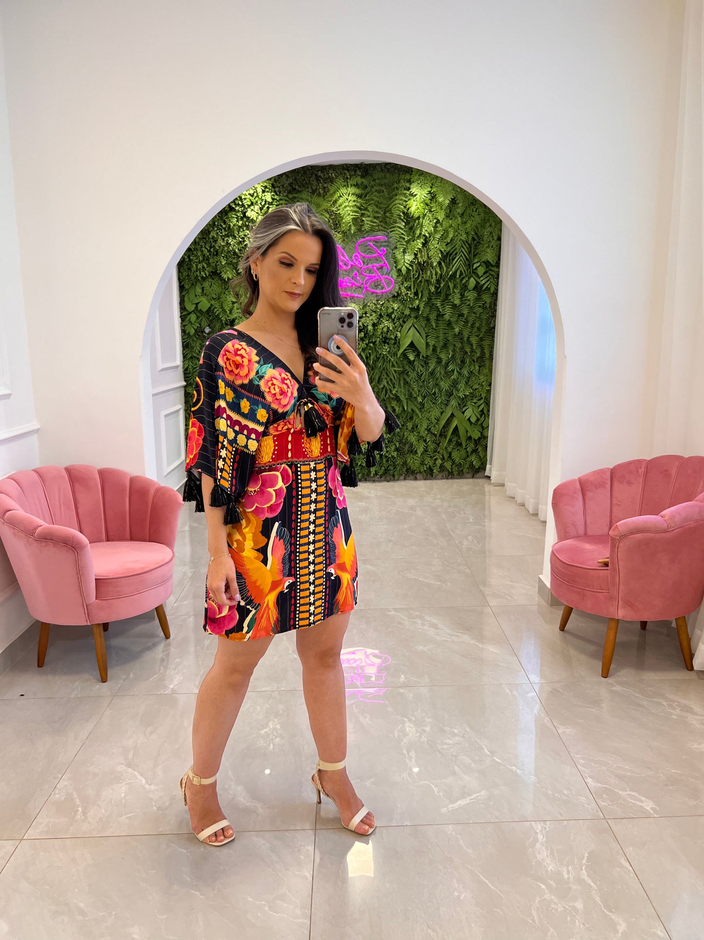 Vestido Curto Dec V Manga Pompom - Estampado