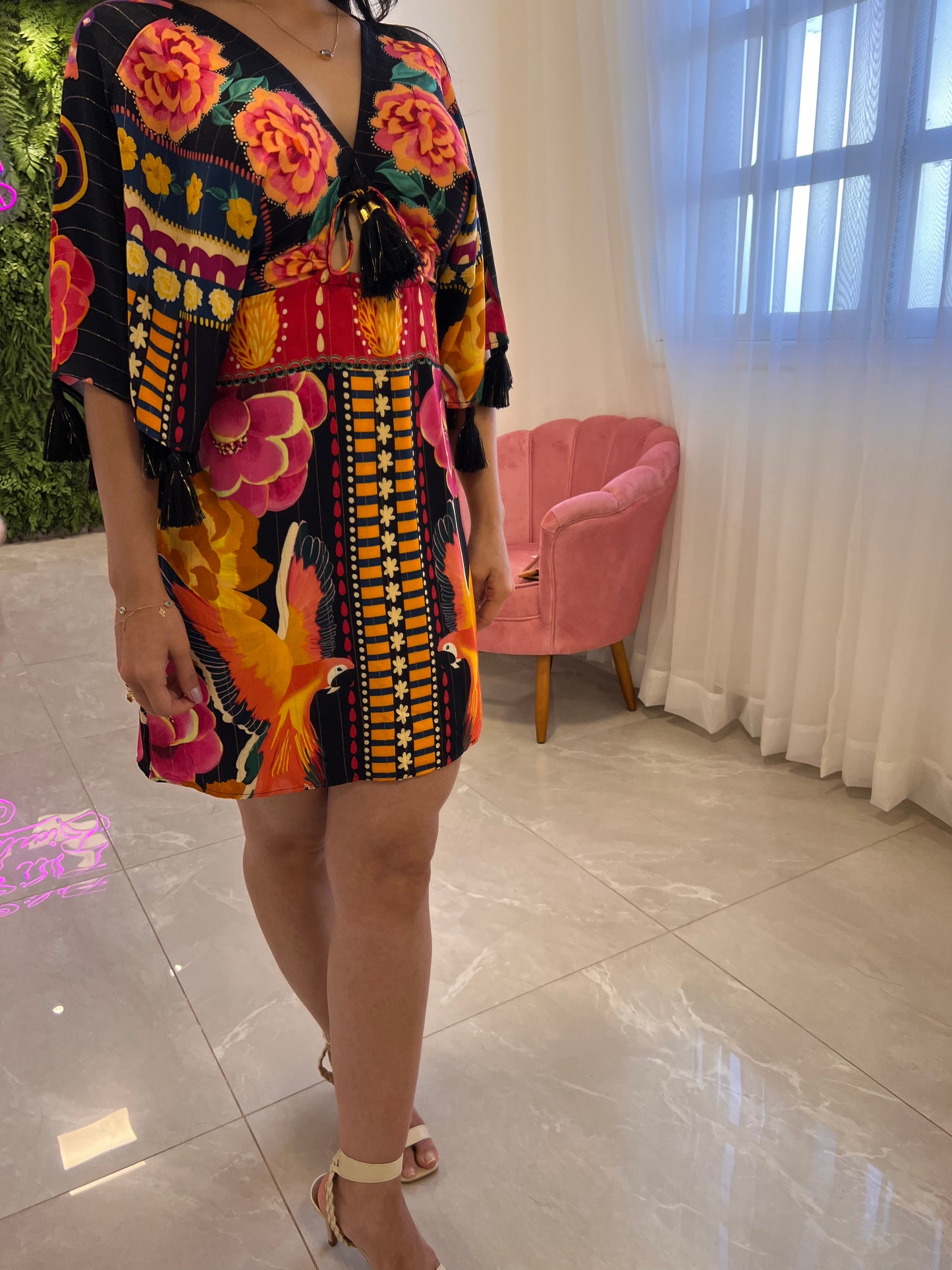 Vestido Curto Dec V Manga Pompom - Estampado