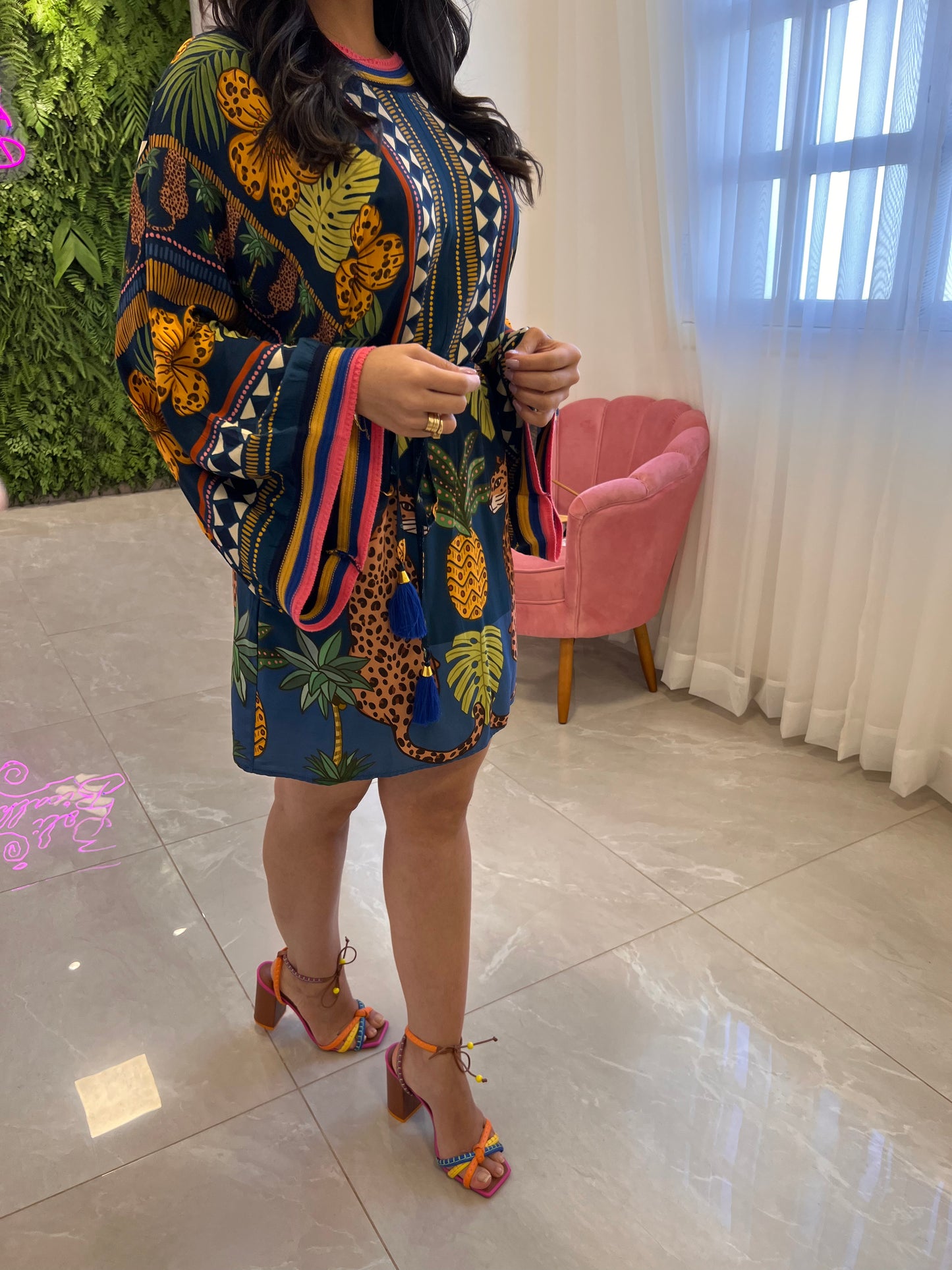 Vestido corto de manga larga - Azul