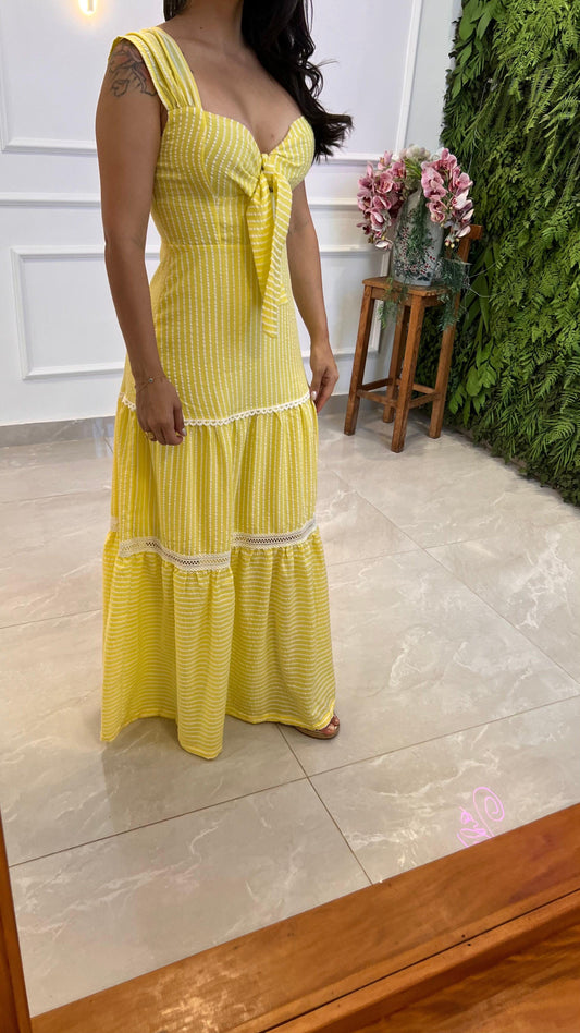 Vestido Longo Amarração Busto Nio- Liso Listras Liso Amarelo 4999
