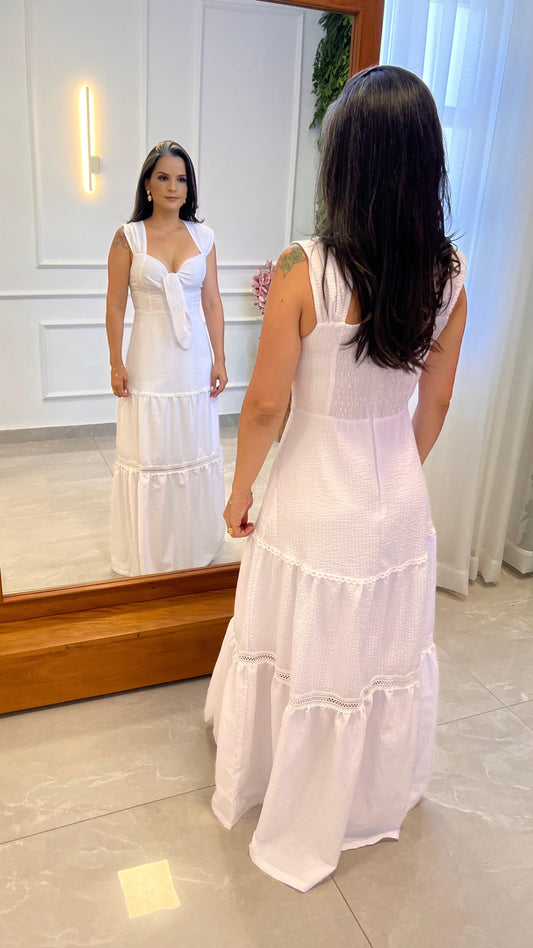 Vestido Longo Amarração Busto Nio- Listras Branco/ Off 4999