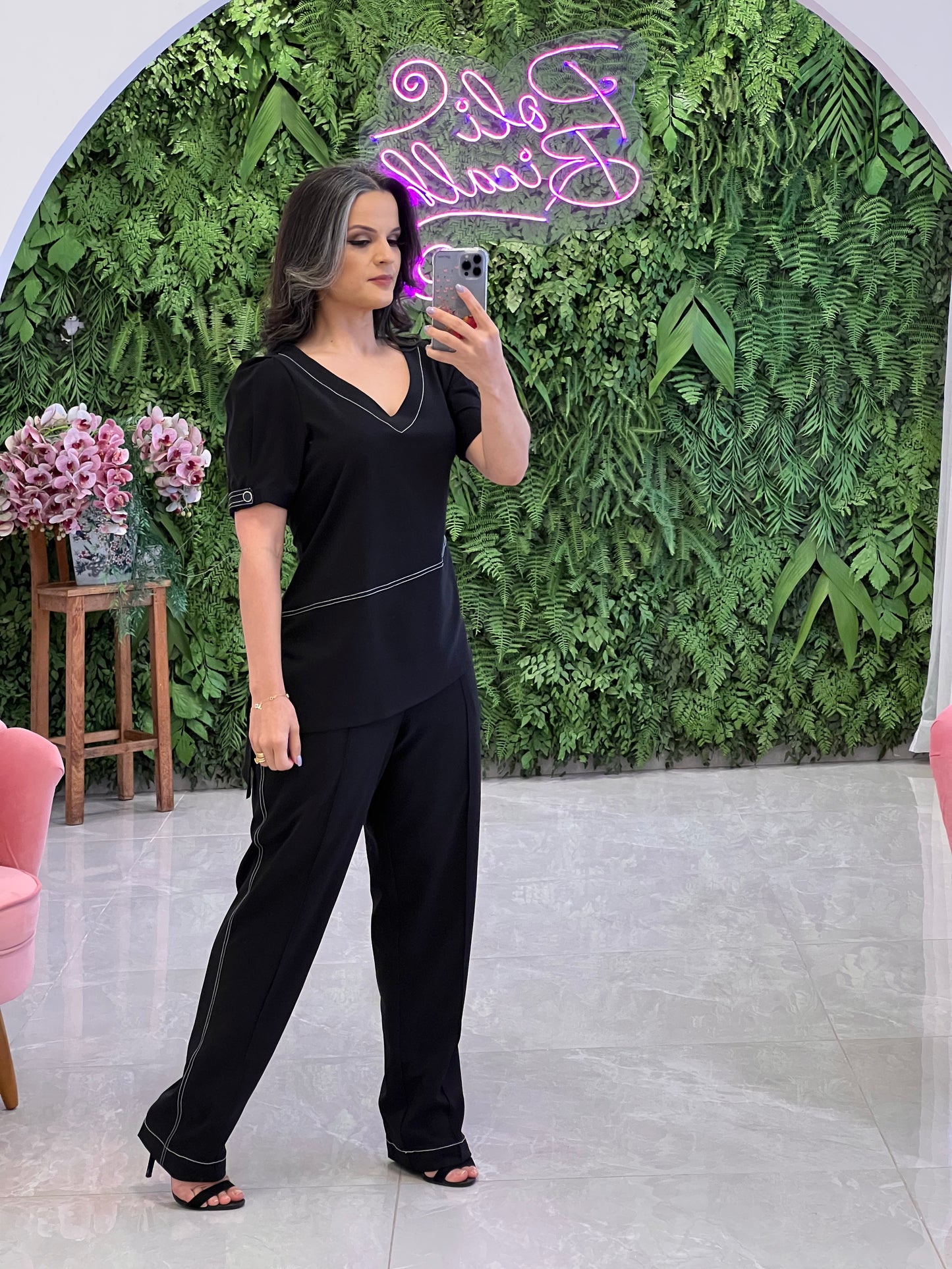 Conjunto Calça e Blusa Pesponto - Preto