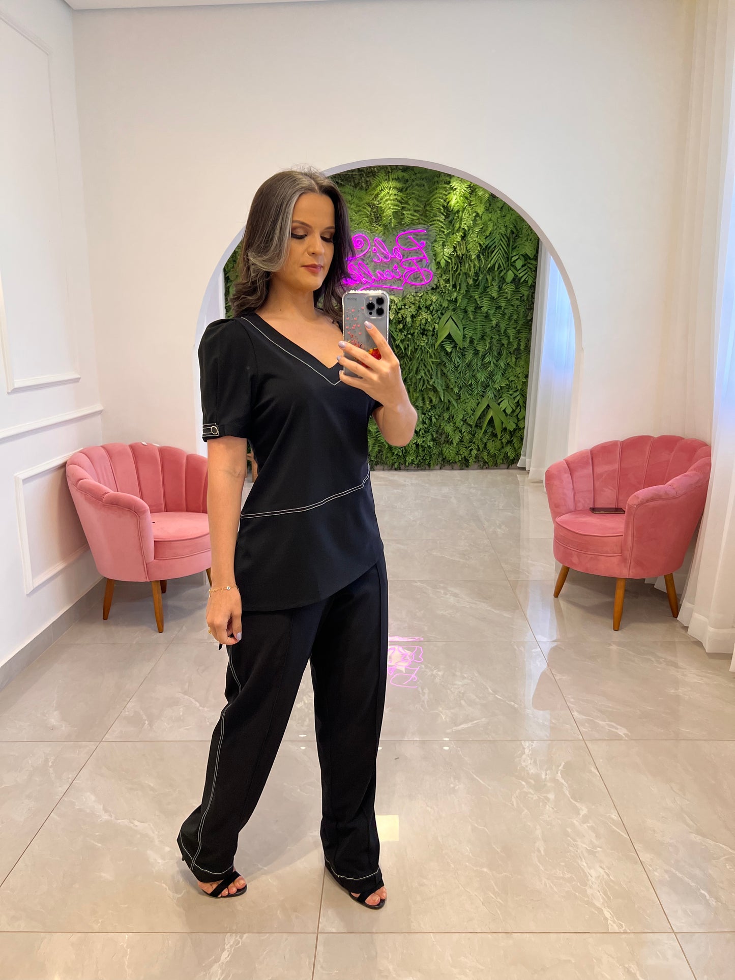 Conjunto Calça e Blusa Pesponto - Preto