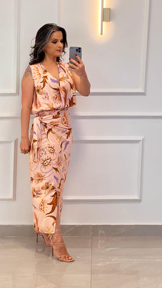 Saia Midi Transpassada Folhagem - Estampado Rose 4743