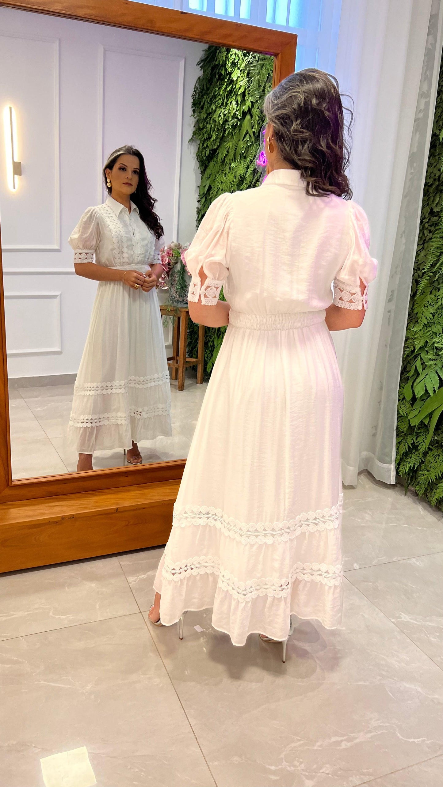 Vestido Longuete Guipir Kate - Branco/Off