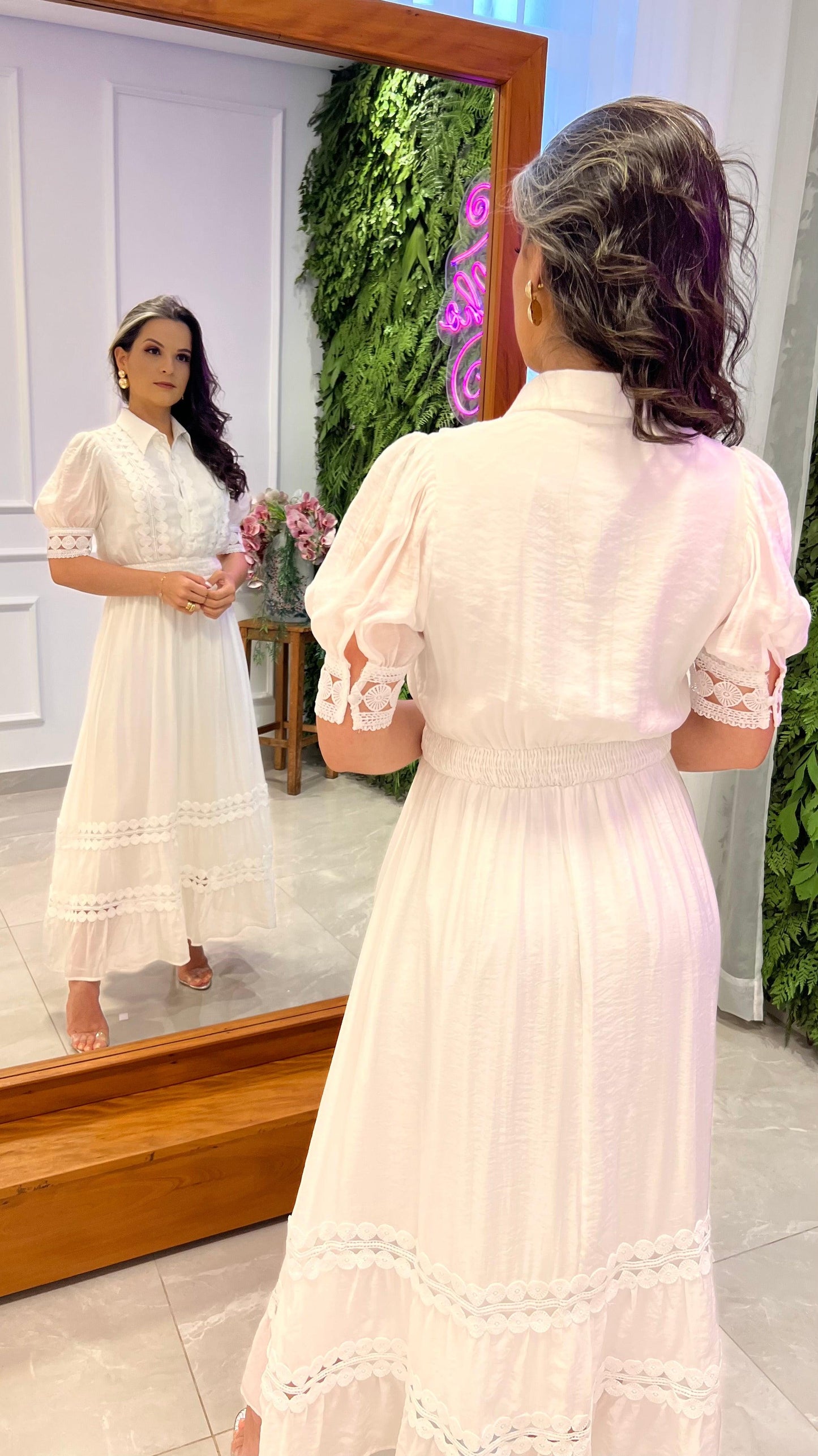 Vestido Longuete Guipir Kate - Branco/Off