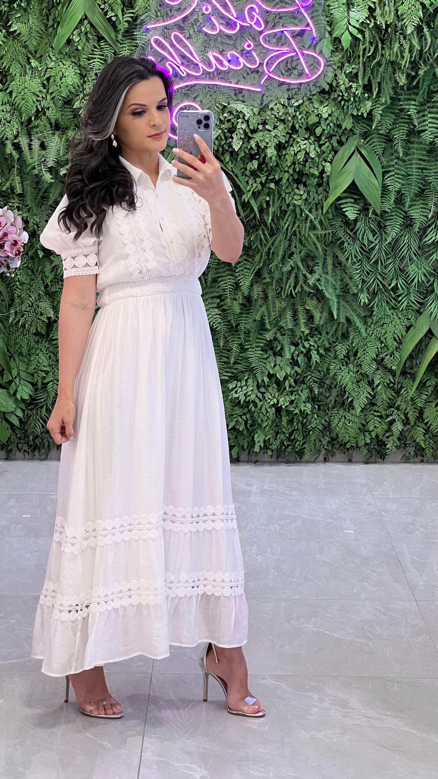 Vestido Longuete Guipir Kate - Branco/Off