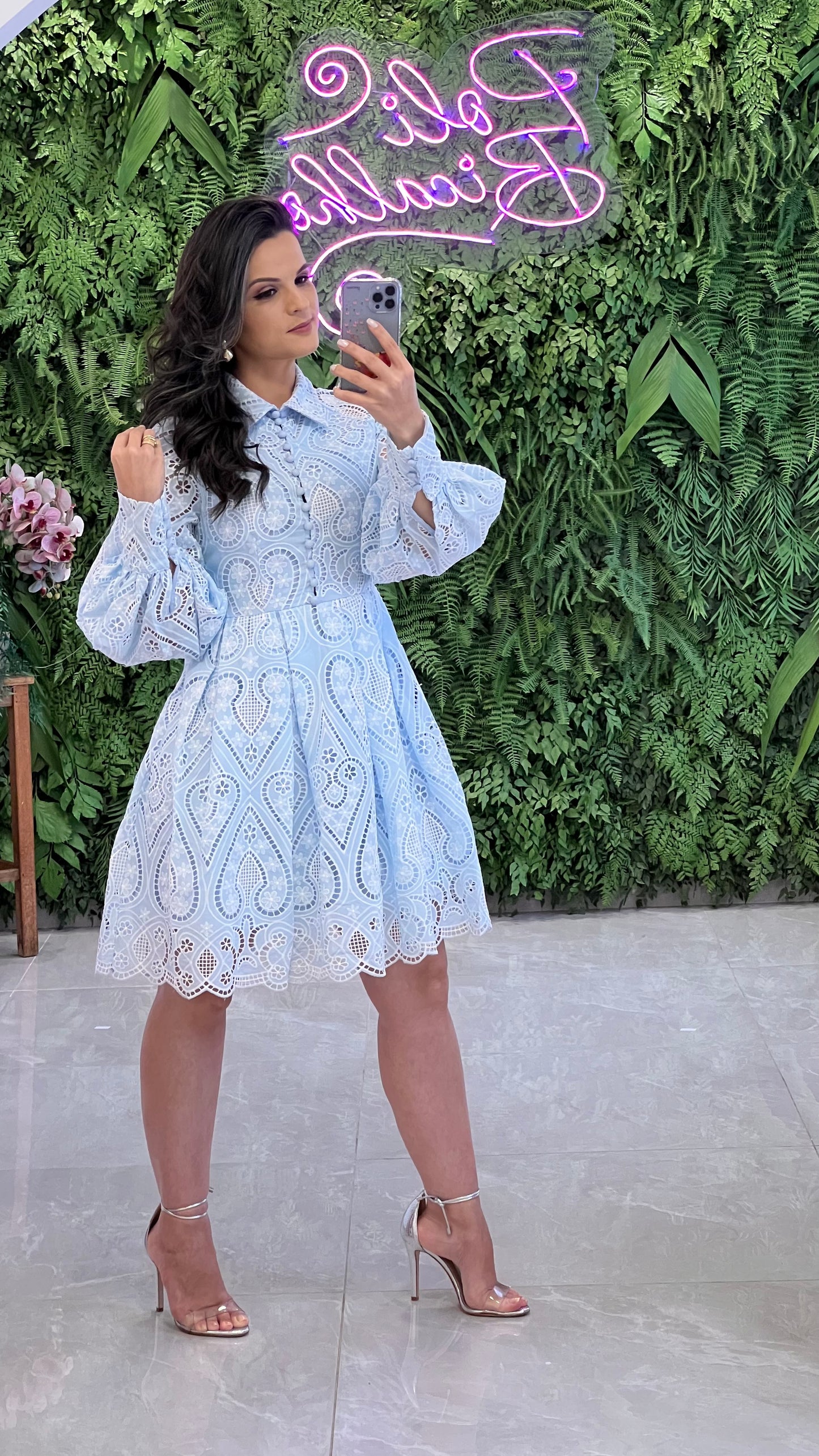 Vestido Curto Princes Guipir - Azul Claro