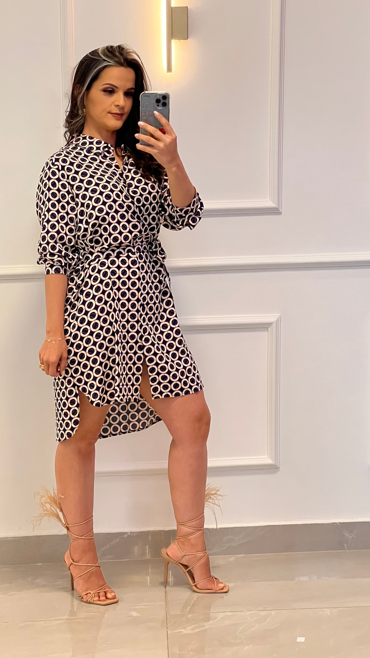 Vestido Chemisse Curto Estampados Bolas - Azul Marinho