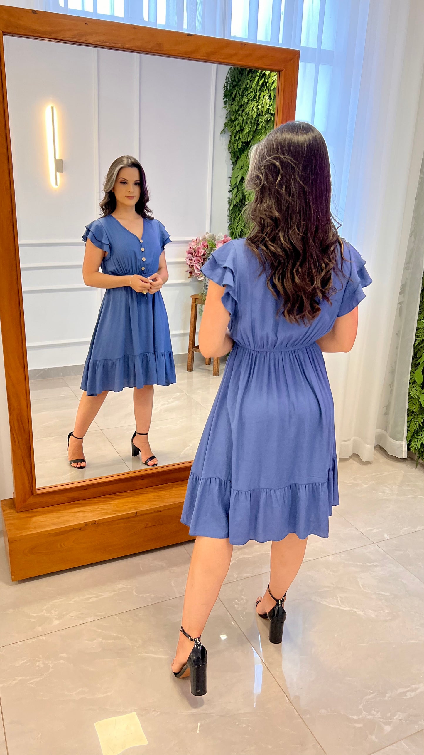 Vestido Curto Botões Amarração -Azul