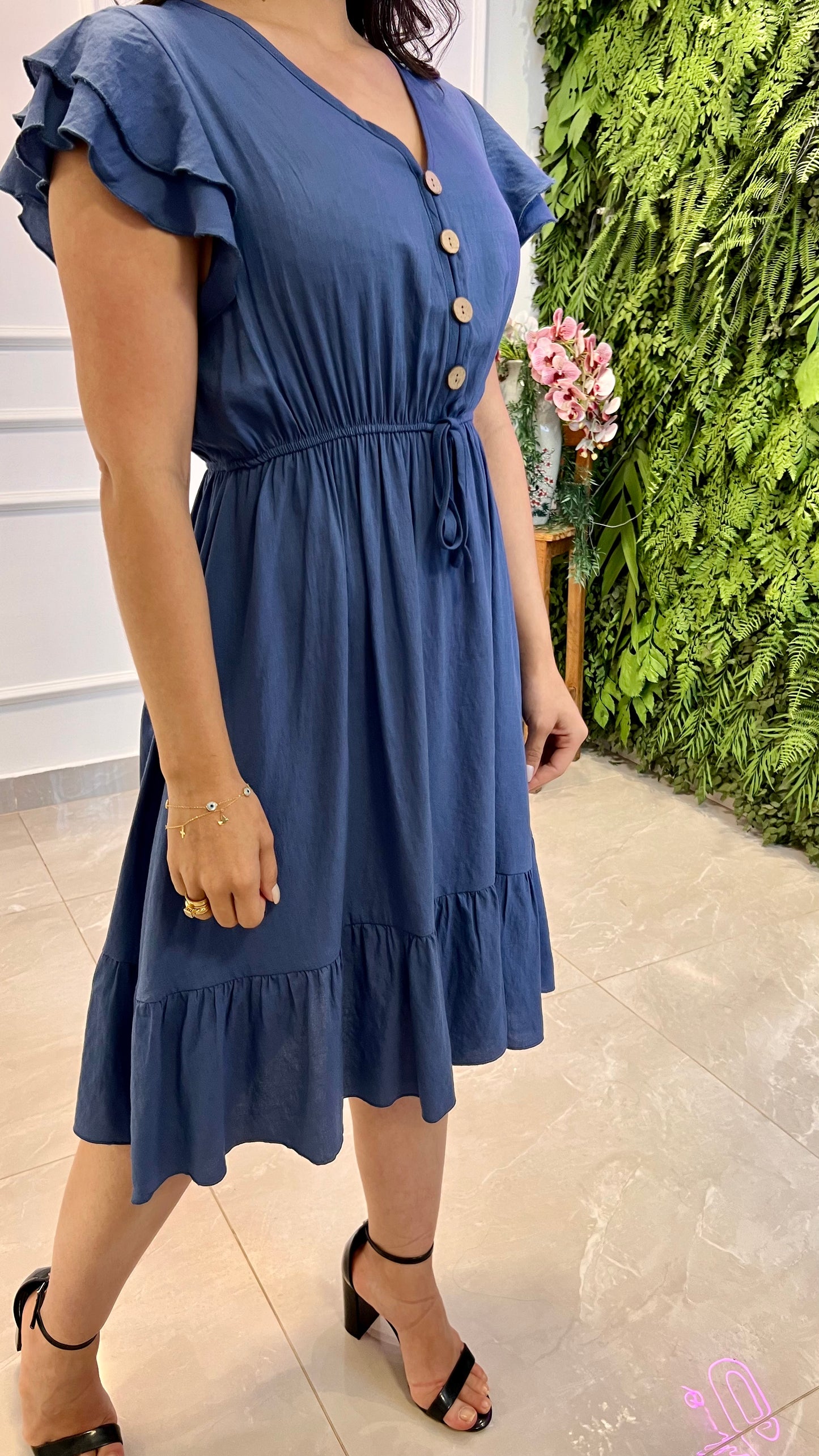 Vestido Curto Botões Amarração -Azul
