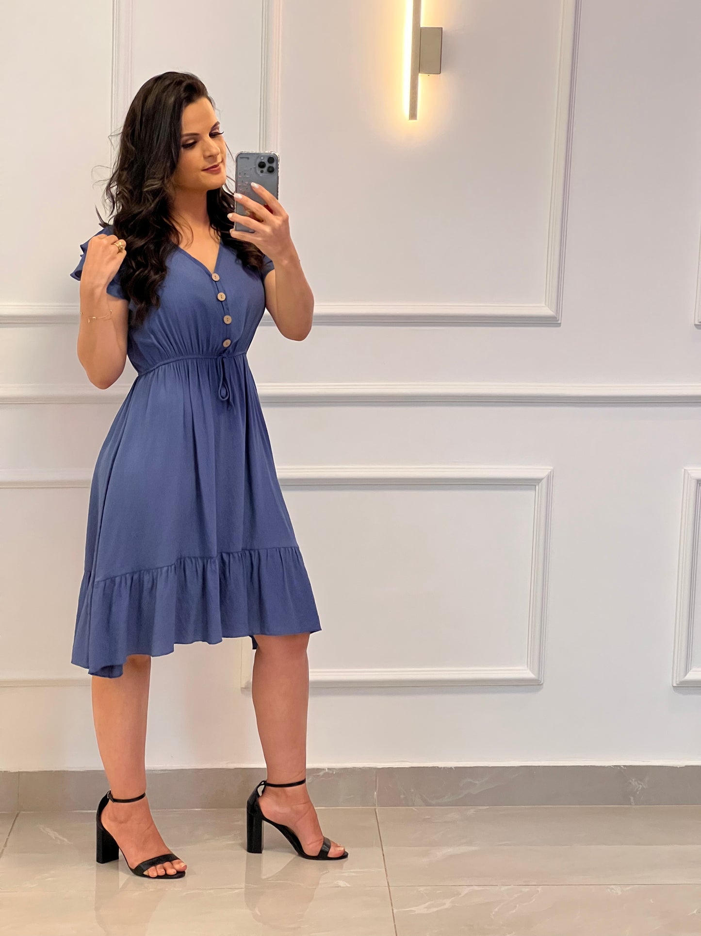 Vestido Curto Botões Amarração -Azul