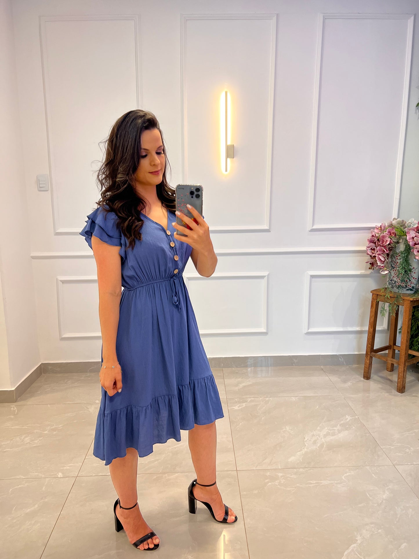 Vestido Curto Botões Amarração -Azul