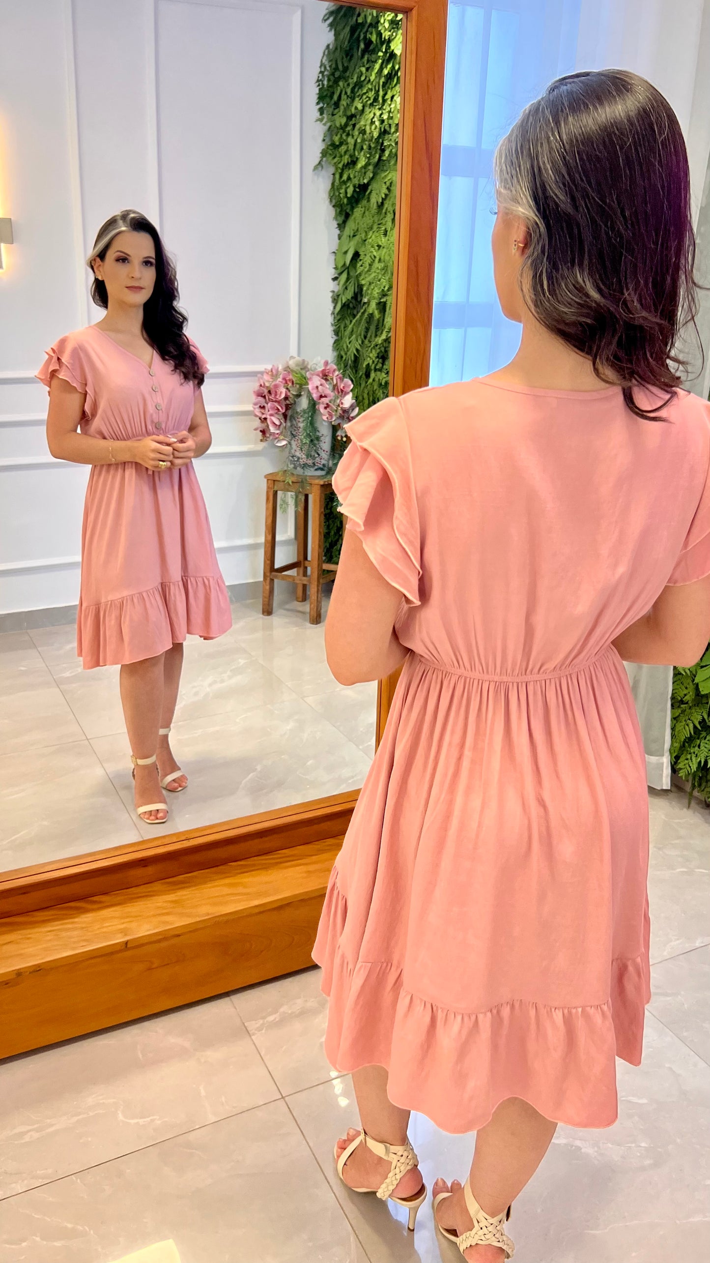 Vestido Curto Botões Amarração -Rose