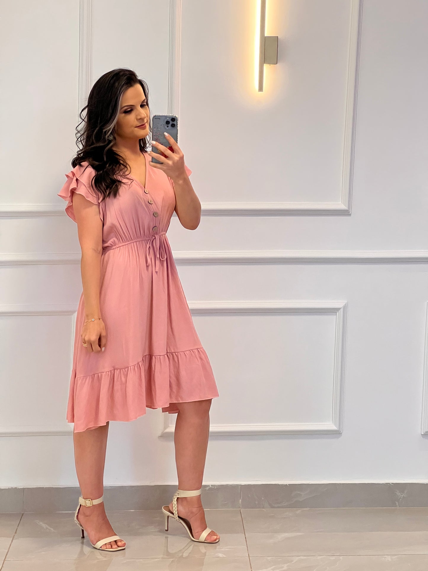 Vestido Curto Botões Amarração -Rose