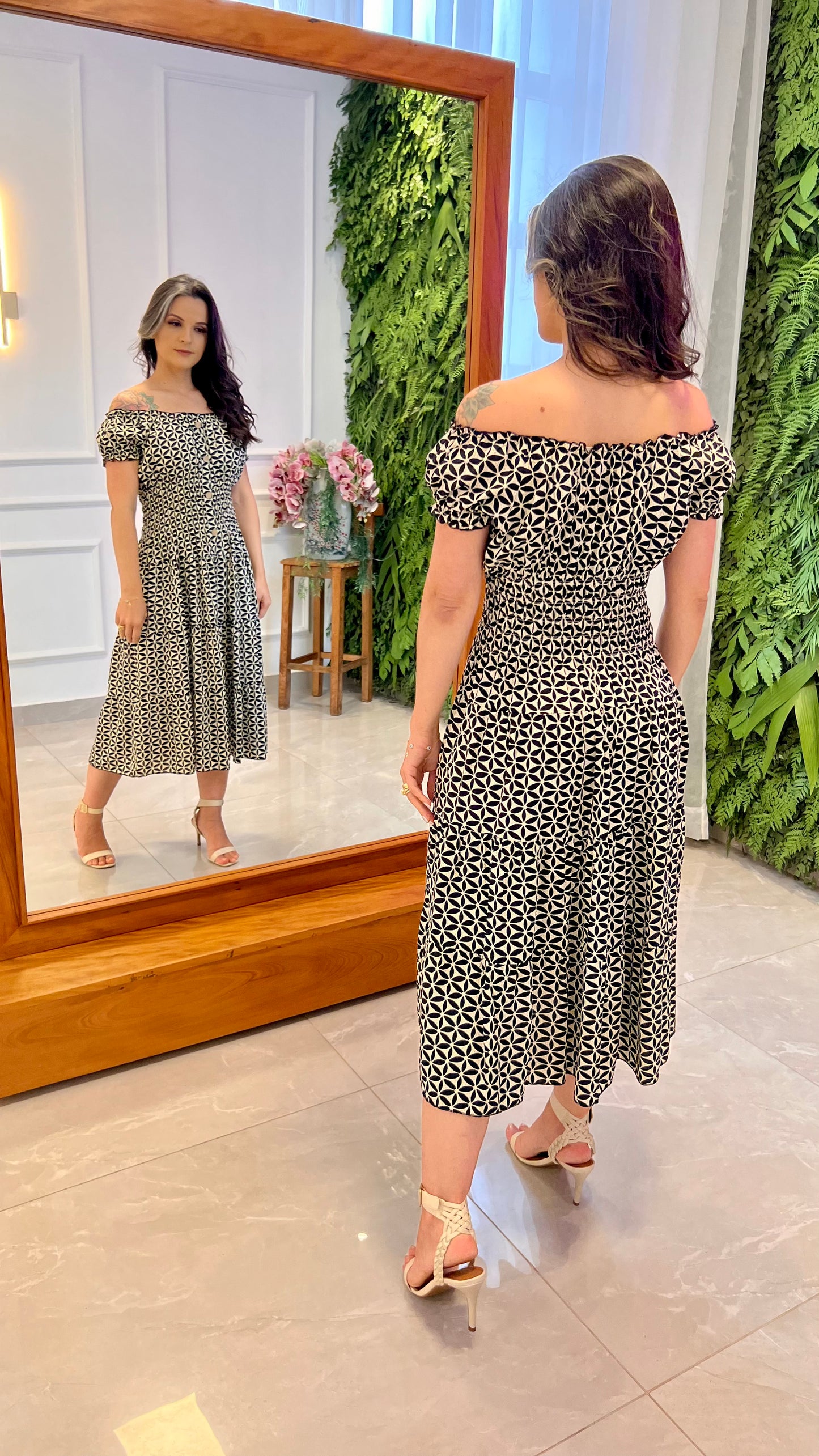 Vestido Midi lastex Cintura Flores - Nude