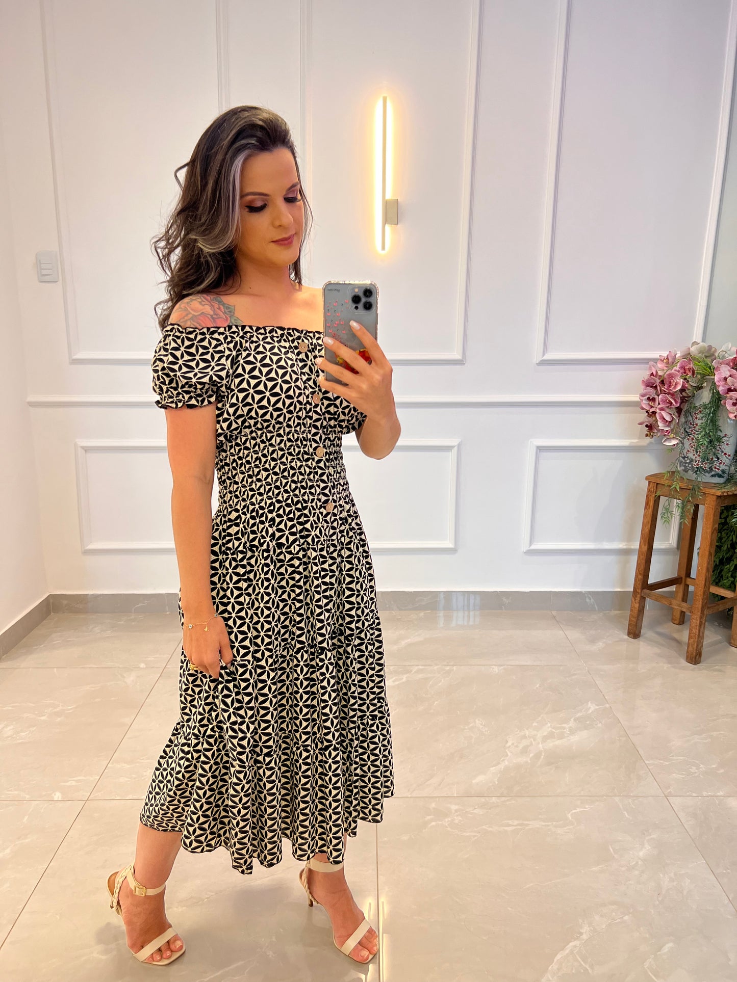 Vestido Midi lastex Cintura Flores - Nude