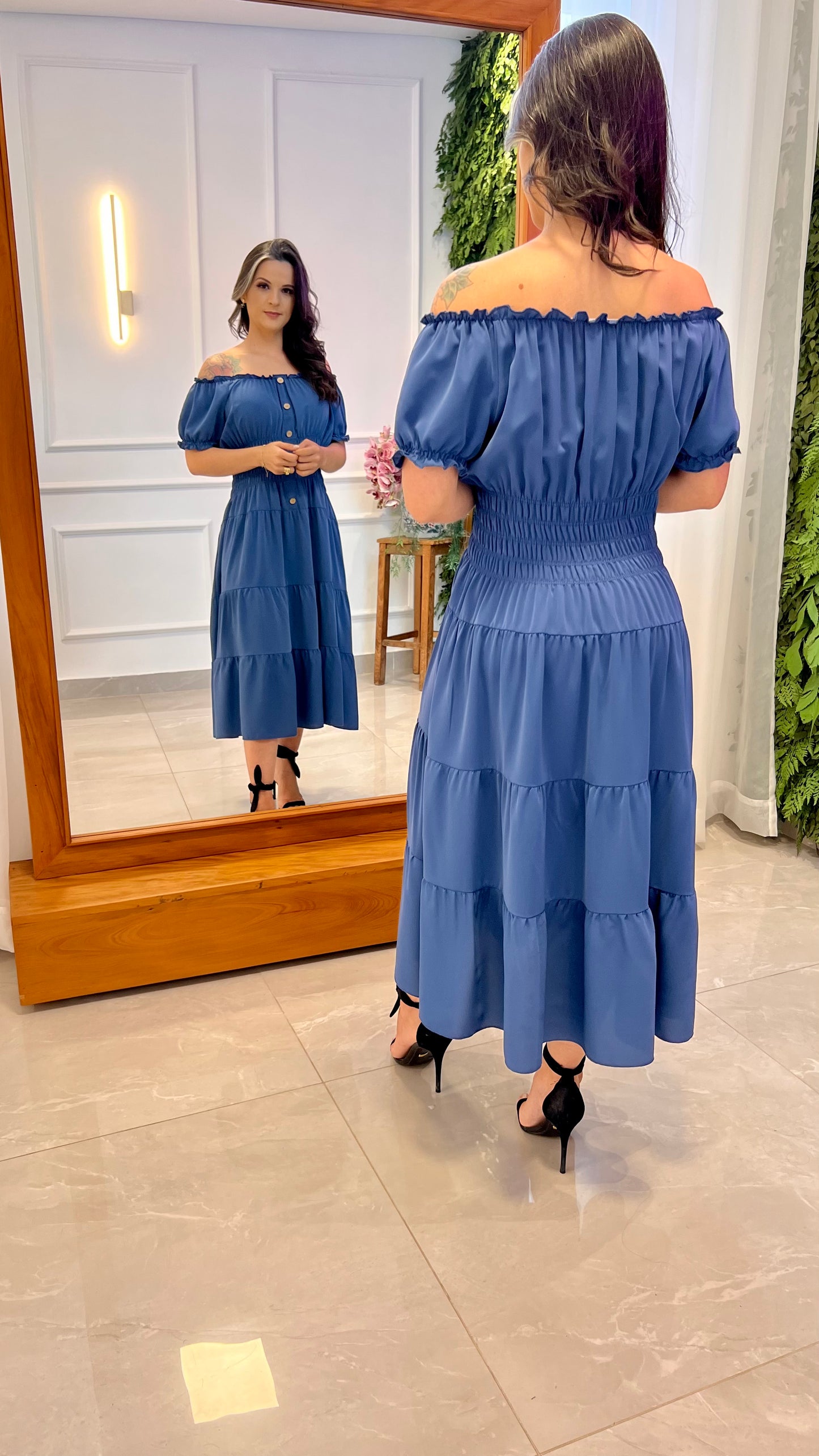 Vestido Longuete Lastex Cintura - Azul