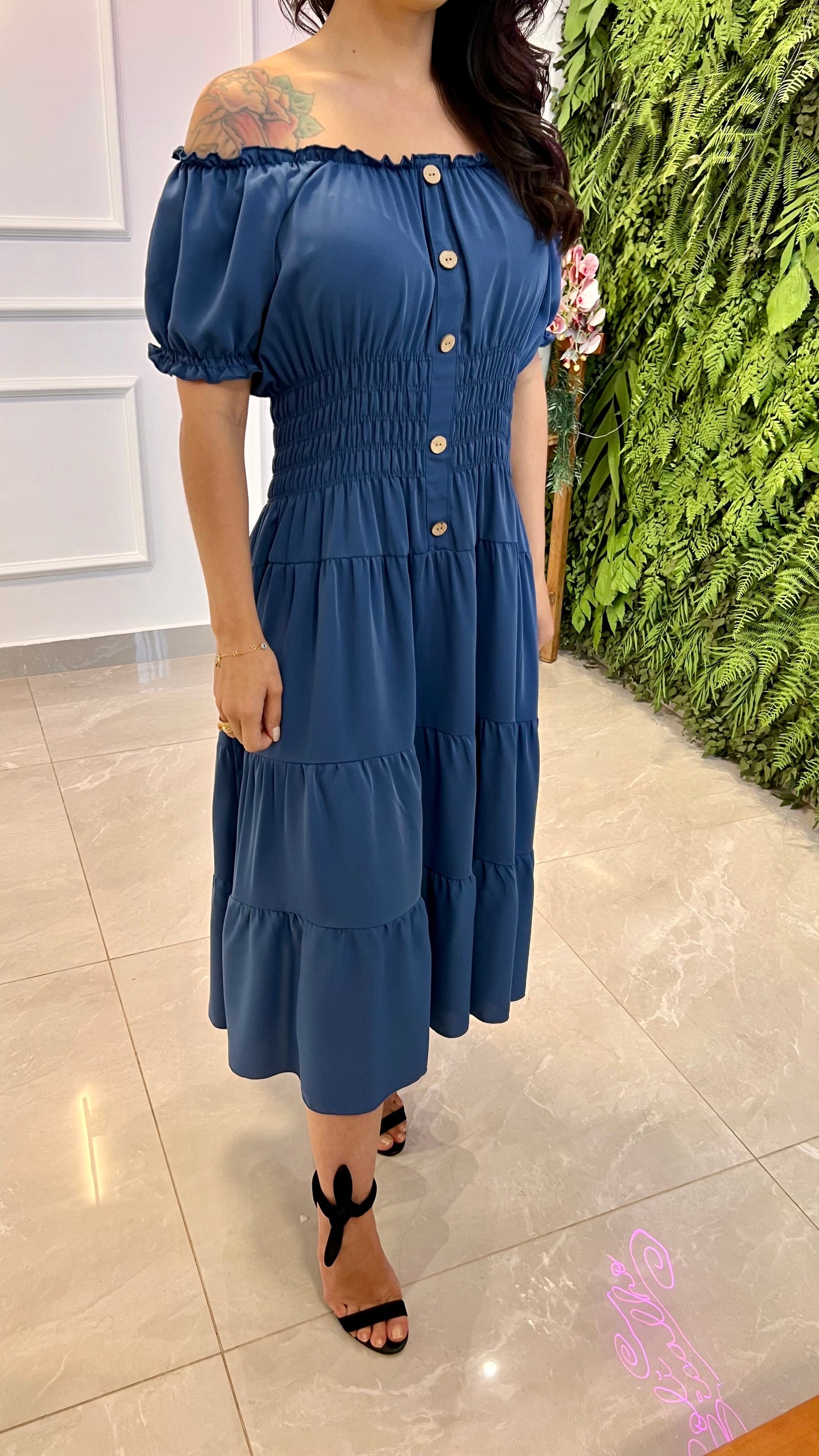 Vestido Longuete Lastex Cintura - Azul