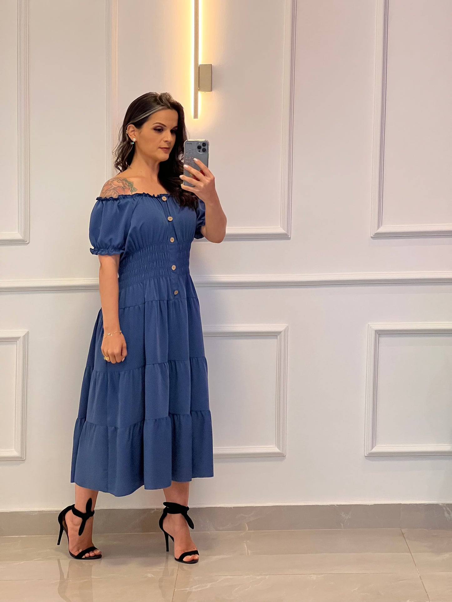 Vestido Longuete Lastex Cintura - Azul
