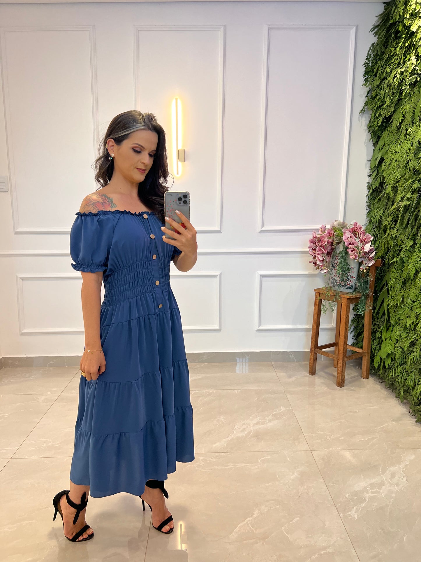 Vestido Longuete Lastex Cintura - Azul