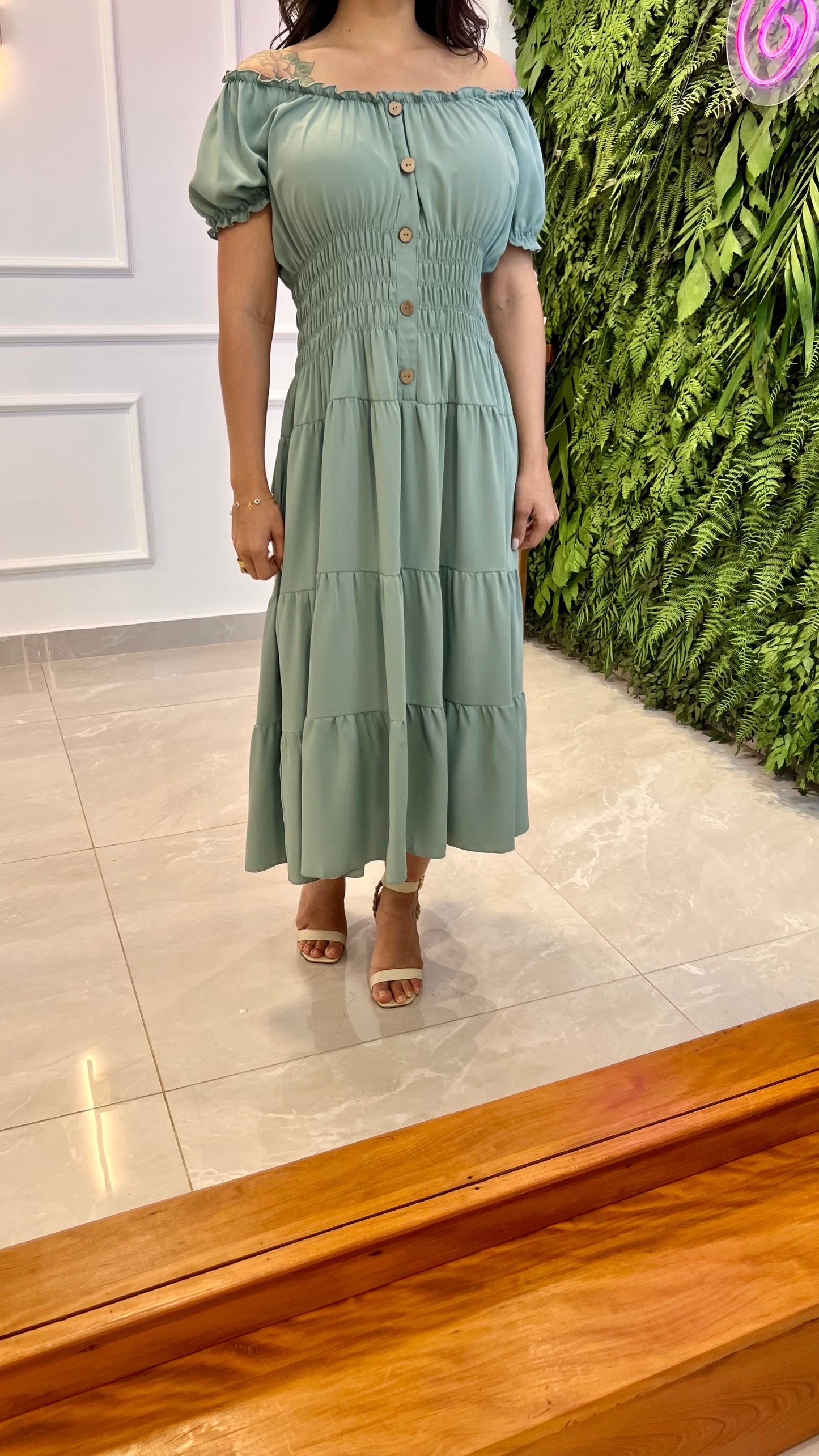 Vestido Longuete Lastex Cintura - Verde