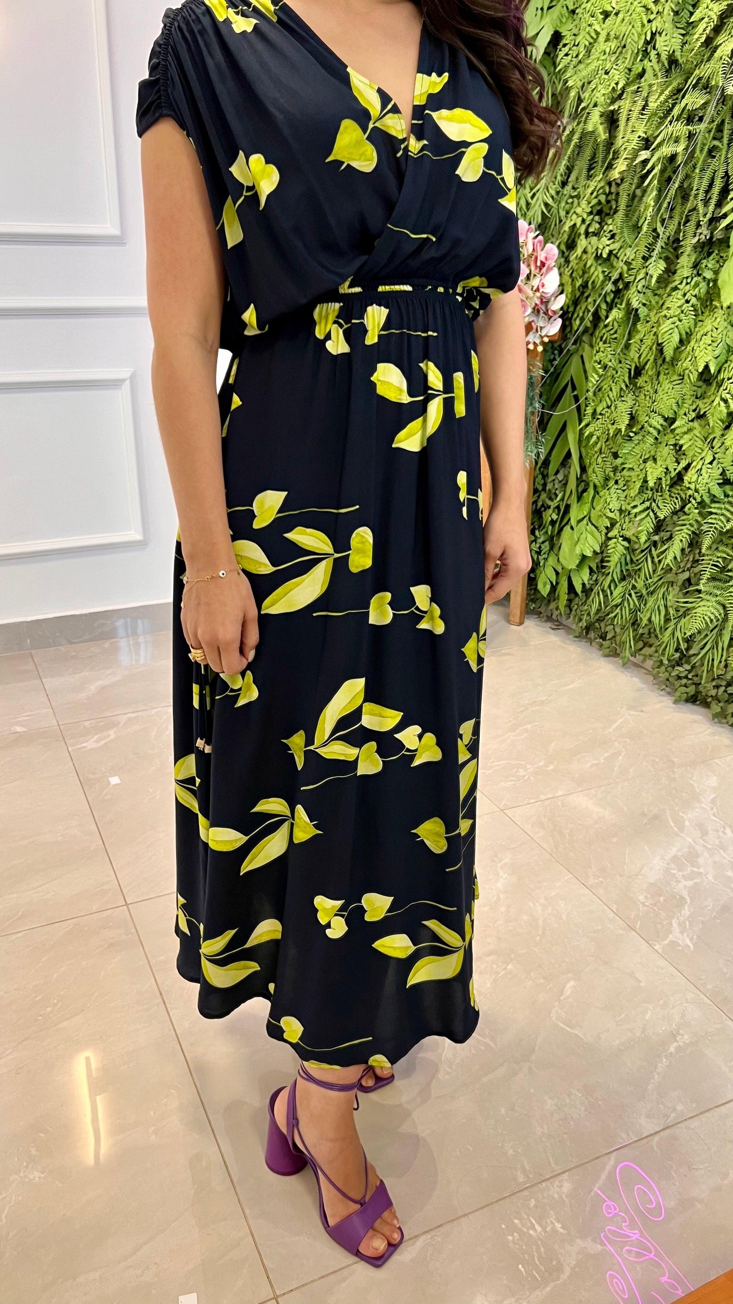 Vestido Longuete Folhagem - Azul Marinho