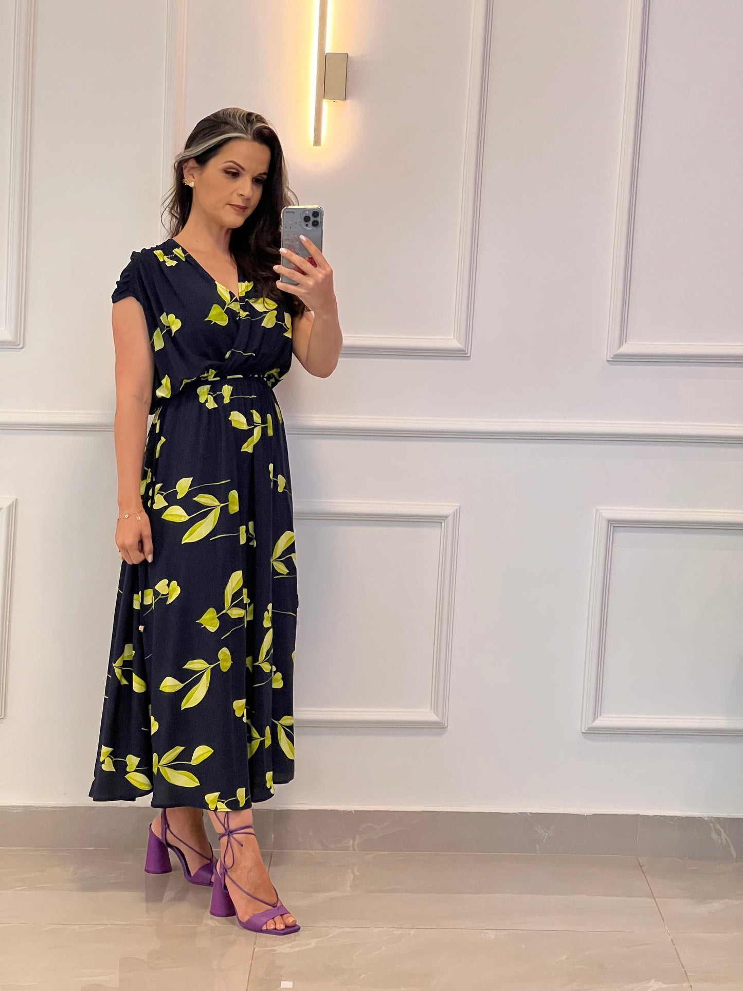 Vestido Longuete Folhagem - Azul Marinho