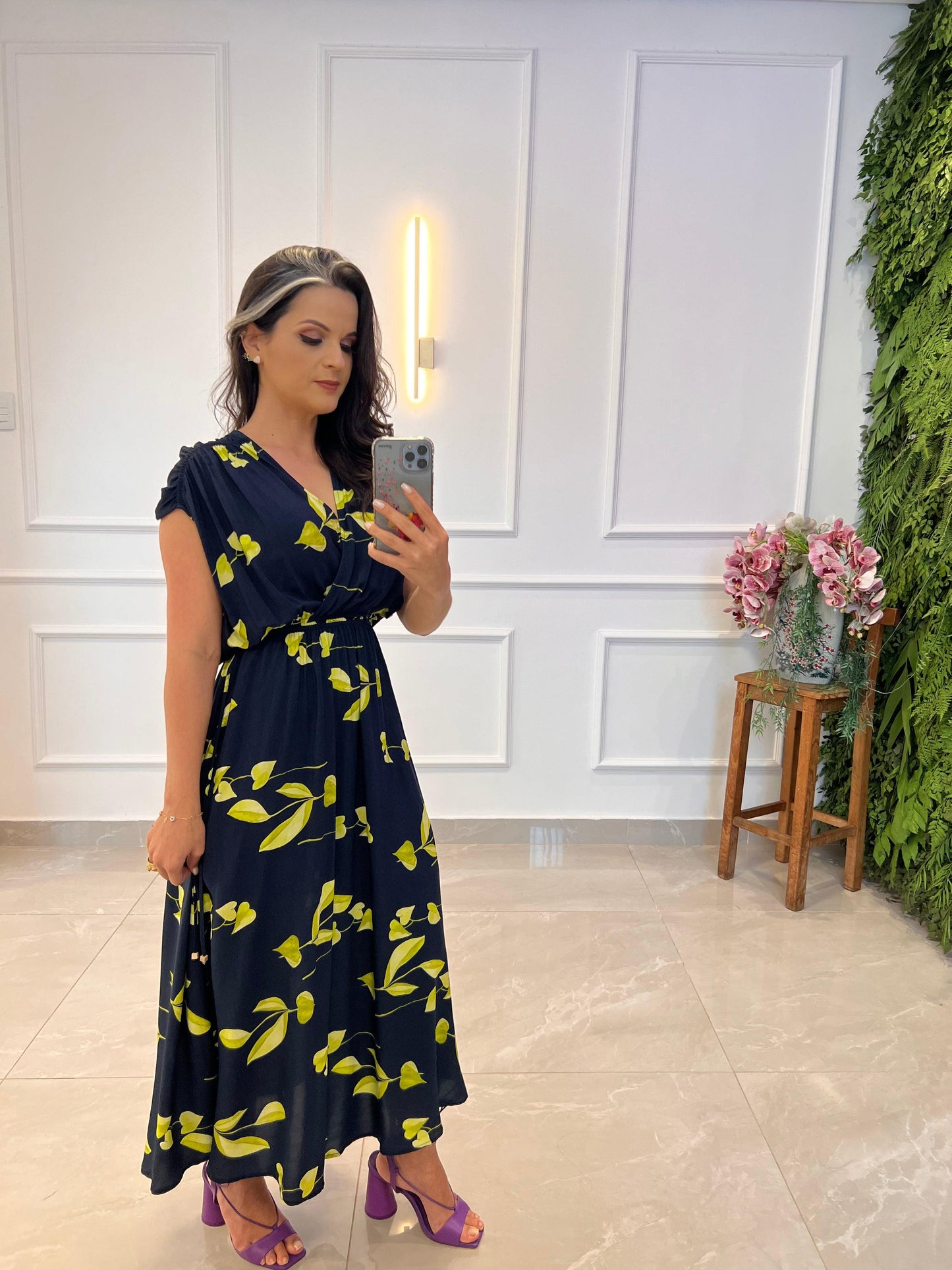 Vestido Longuete Folhagem - Azul Marinho