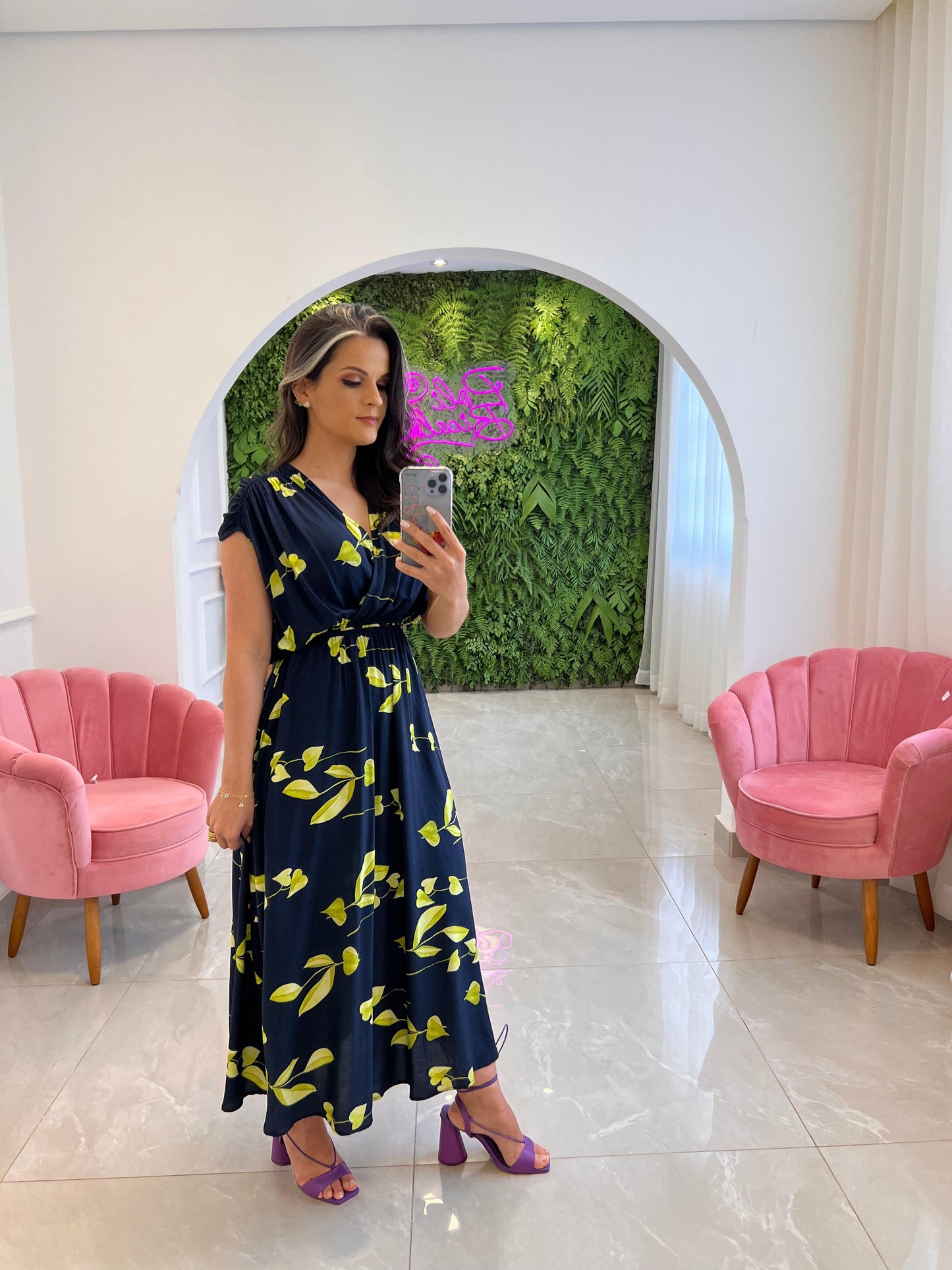 Vestido Longuete Folhagem - Azul Marinho