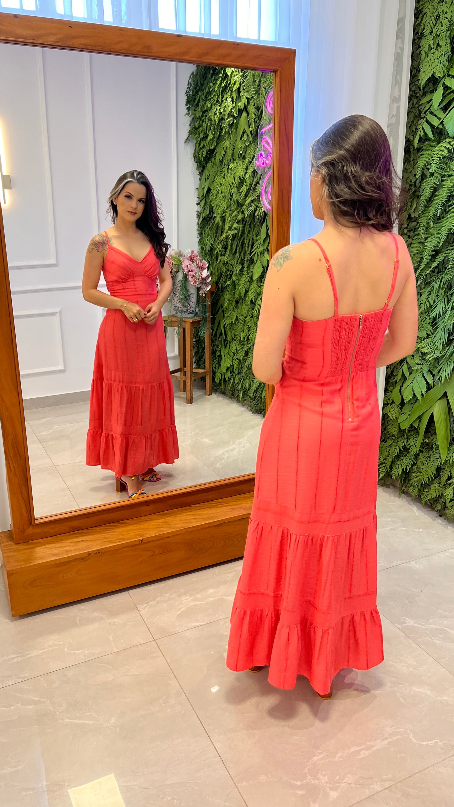 Vestido Midi Linho Listrado - Rosa